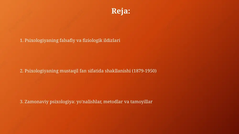 motivatsiyalarini o‘rganadi, shu bilan birga bixeviorizmning 1930-yilgi usullari tashqi stimullarga javoblarni o‘lchaydi, ichki holatlarni e'tiborsiz qoldiradi. gumanistik va kognitiv psixologiyaning yuksalishi gumanistik psixologiya 1950-yillarda shaxsning erkinligi va o'zini anglashiga e'tibor qaratib, bixeviorizm va psixoanalizga qarshi norozilik sifatida paydo bo'ldi. kognitiv inqilob 1960-yillarda xotira, fikrlash va til kabi aqliy jarayonlarning o'rganilishini qayta tikladi, kompyuterlar haqidagi bilimlardan foydalanib. psixologiyaning fan sifatida shakllanishi va rivojlanishidagi asosiy shaxslar vilgelm vundt 1879-yilda leypsigda birinchi psixologiya laboratoriyasini tashkil etdi, bu esa psixologiyaning alohida, empirik fan sifatida shakllanishiga asos soldi. zigmund freydning psixoanalitik nazariyasi, ayniqsa ong osti tushunchasi, xx asr psixologiyasiga katta ta'sir ko'rsatdi va ko'plab klinik yondashuvlarni shakllantirdi. zamonaviy psixologiya: asosiy yo'nalishlar va metodologik tamoyillar zamonaviy psixologiya biologik, kognitiv, rivojlanish va ijtimoiy-madaniy kabi bir nechta asosiy yo'nalishlarga ega bo'lib, ularning har biri inson xatti-harakatlarini tushunish uchun noyob nuqtai nazarni taqdim etadi. zamonaviy metodologiya empirik tadqiqotlar, eksperimentlar va kuzatuv tadqiqotlariga katta e'tibor beradi hamda xatti-harakatlarni o'lchash va …