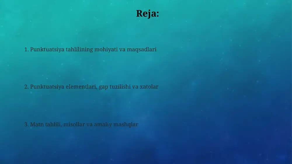 , nuqta yoki tirening yo'qligi noto'g'ri talqinlarga olib kelishi mumkin, 1-darajali xatodir. matn tahlili usullari matn tahlilining lingvistik usuli 1-navbatda, so'zlar, gaplar va bog'lanishlarni o'rganish orqali matnning tuzilishini aniqlashga qaratiladi, 2-maqsad matn mazmunini tushunishdir. strukturaviy tahlil, 3-asosiy qism, matnning qismlari o'rtasidagi munosabatlarni, jumladan, 4- darajali ma'nolarni aniqlash uchun ishlatiladi va 5 ta asosiy elementni tahlil qiladi. tematik tahlil 6-qadamda matnning asosiy mavzularini aniqlash, 7-bosqichda esa matnning takrorlanuvchi g'oyalarini va ularning o'zaro bog'liqligini aniqlashga yo'naltirilgan, 8-maqsadda ularning o'rnini belgilaydi. misollar va amaliy mashqlar misollar 3 xil formatda taqdim etiladi: 1- format yakka gaplar, 2- format qisqa matn parchasi (5-7 gap), 3- format uzun matn (10+ gap), har bir format punktuatsiya qoidalarini mustahkamlashga qaratilgan. amaliy mashqlar 5 turdagi matnlarni o'z ichiga oladi: 1- tur gapdagi vergulni to'g'ri qo'yish, 2- tur nuqtalarni to'g'ri joylashtirish, 3- tur tirelardan foydalanish, 4- tur aralash xatolarni tuzatish, 5- tur matnni to'liq tahlil qilish. har bir mashq uchun …