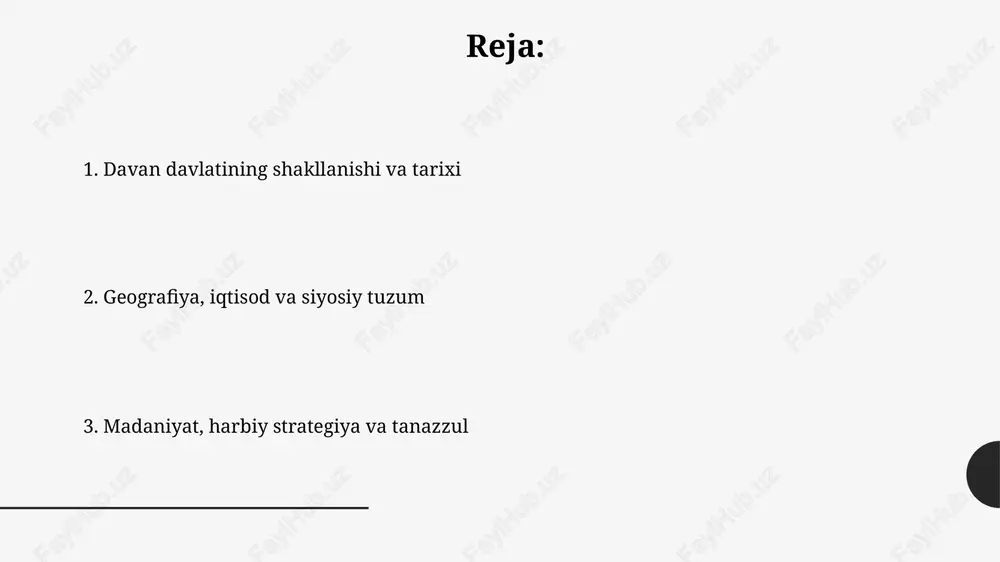 n avvalgi ii asrda gullab-yashnagan bo'lib, naqshlarida geometrik shakllar va hayvonlar tasvirlari aks etgan. davan madaniyatida musiqaning o'rni katta bo'lgan; arxeologik topilmalar 3 xil torli cholg'u asboblari va qo'shiq matnlari yozilgan parchalar topilganligini ko'rsatadi. qo'shni davlatlar bilan aloqalar va savdo davan xitoy bilan faol savdo aloqalarini o'rnatgan bo'lib, ayniqsa ipak yo'li orqali otlar, nefrit va metall buyumlari almashinuvida 100 dan ortiq karvon yo'llari mavjud edi. farg'ona vodiysining strategik joylashuvi tufayli, davan sug'd va kangyuy kabi qo'shni davlatlar bilan iqtisodiy va madaniy aloqalarni rivojlantirgan, pul birligi sifatida tangalardan foydalanish keng tarqalgan. tanazzulga uchrashi va qulashi miloddan avvalgi i asrda xitoyning han imperiyasi bilan bo'lgan tez-tez urushlar, ayniqsa, qimmatbaho otlar uchun kurash davan resurslarini tugatdi. iqtisodiy tanazzul, sug'orish tizimlarining buzilishi va ichki siyosiy beqarorlik davan markaziy hokimiyatini zaiflashtirib, mahalliy boshliqlar kuchayishiga olib keldi. e'tiboringiz uchun rahmat slide 1 slide 2 slide 3 slide 4 slide 5 slide 6 slide 7 slide 8 …