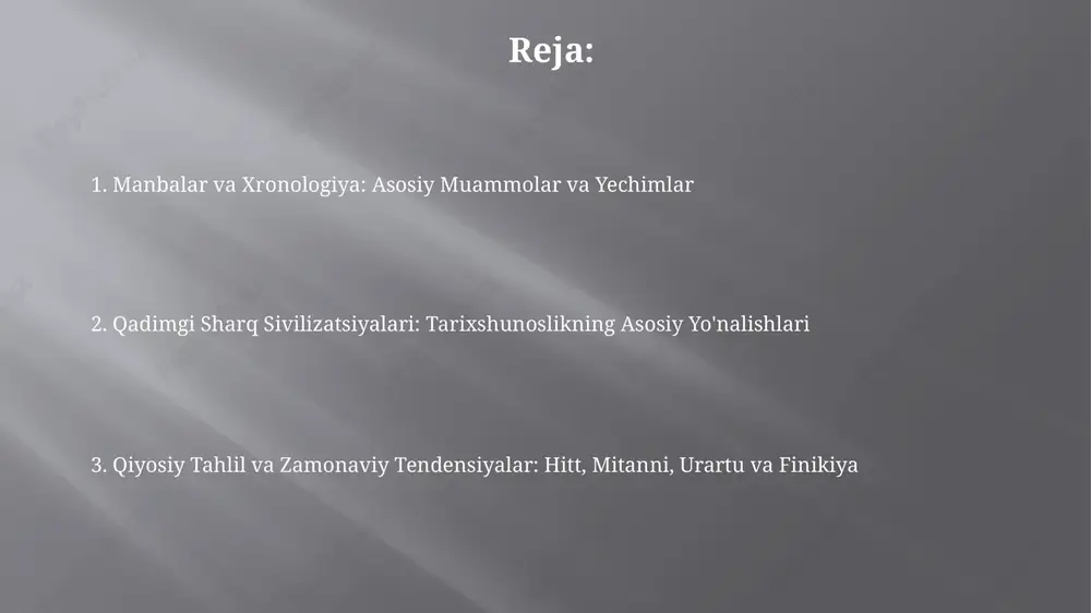 a oid mixxat yozuvlari, xususan podshoh yozuvlariga tayanadi. arxeologik qazishmalar shaharlar tuzilishini aniqlashda muhim ahamiyatga ega. arxeologik va epigrafik manbalar talqini arxeologik topilmalarni talqin qilishda stratigrafiya muhim ahamiyatga ega, chunki madaniy qatlamlar ketma-ketligi miloddan avvalgi 3000-yildan boshlab voqealarni aniqlashga yordam beradi. epigrafik manbalar, masalan, bisutun yozuvi, uch tilda (qadimgi fors, elam, akkad) yozilganligi tufayli qadimgi yaqin sharq tarixi uchun muhim ma'lumot manbai hisoblanadi. ijtimoiy-iqtisodiy va siyosiy tarixni o'rganish qadimgi sharq ijtimoiy-iqtisodiy tarixini o'rganishda er egaligi, savdo yo'llari va hunarmandchilik markazlari kabi omillar ahamiyatga ega. masalan, hitt davlatida yerlar 3 asosiy toifaga bo'lingan. siyosiy tarix tadqiqotlarida hukmdorlar ro'yxati, sulolalar tarixi, harbiy yurishlar va shartnomalar muhim. masalan, mitanni davlatining siyosiy tarixi 15-13 asrlarni qamrab oladi. madaniyat, din, san'at va zamonaviy tendensiyalar qadimgi sharq dinlarining sinkretik xususiyatlari, masalan, xett panteonidagi 1000 dan ortiq xudolar, mahalliy va mesopotamiya unsurlarini birlashtirgan, madaniyatlararo ta'sirni ko'rsatadi. urartu san'ati, ayniqsa miloddan avvalgi 9-7 asrlarda, assuriya san'atiga o'xshashligi bilan …