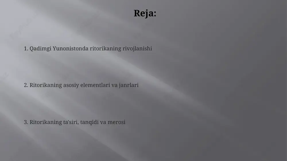 kaning asosiy elementlari: etos, patos, logos etos, nutq so'zlovchining ishonchliligi va axloqiy xarakterini anglatadi, auditoriyaning ishonchini qozonish uchun muhim, taxminan 10-20% nutqning ta'sirini belgilaydi. patos, auditoriyaning his-tuyg'ulariga ta'sir qilishni ko'zda tutadi, shu jumladan, qayg'u, g'azab yoki quvonch kabi hissiyotlarni uyg'otish, taxminan 30-40% nutqning ta'sirini tashkil etadi. logos, mantiqiy dalillar, faktlar va statistik ma'lumotlardan foydalanish orqali auditoriyani ishontirishga qaratilgan, taxminan 40-50% nutqning ta'sirini ta'minlaydi. ritorikaning janrlari maslahat janri (symbouleutikon genos) kelajakdagi siyosat yo'nalishini muhokama qilish, qonun chiqaruvchi organda foyda va zarar tahlilini o'z ichiga olgan nutqlardan tashkil topgan. sud janri (dikanikon genos) o'tmishdagi adolat yoki adolatsizlikni aniqlashga qaratilgan bo'lib, ayblash va himoya nutqlaridan iborat edi, sudyalar esa hakamlar vazifasini o'tagan. tantanali janr (epideiktikon genos) shaxs yoki voqeani maqtash yoki qoralashga qaratilgan bo'lib, hozirgi zamonda yaxshi va yomon fazilatlarni namoyon etish orqali namuna yaratishga xizmat qilgan. ritorikaning ta'siri va tanqidi ba'zi tanqidchilar ritorikani mantiqiy asosga emas, balki hissiyotlarga murojaat qilishi mumkinligi uchun …