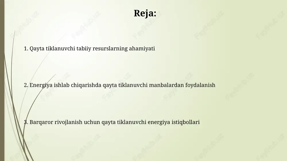 ni osonlashtiradi, ilg'or tarmoq texnologiyalari va batareyalarni qo'llab- quvvatlaydi. barqaror rivojlanish va kelajak istiqbollari barqaror rivojlanish 2030 yilgacha bmtning 17 ta maqsadiga erishishni nazarda tutadi, bu esa qayta tiklanuvchi energiya manbalariga sarmoyalarni oshirishni talab qiladi. kelajakda qayta tiklanuvchi energiya ulushi 2050 yilga borib 85% ga yetishi kutilmoqda, bu esa global isishni 1,5 daraja selsiyda ushlab turishga yordam beradi. e'tiboringiz uchun rahmat slide 1 slide 2 slide 3 slide 4 slide 5 slide 6 slide 7 slide 8
