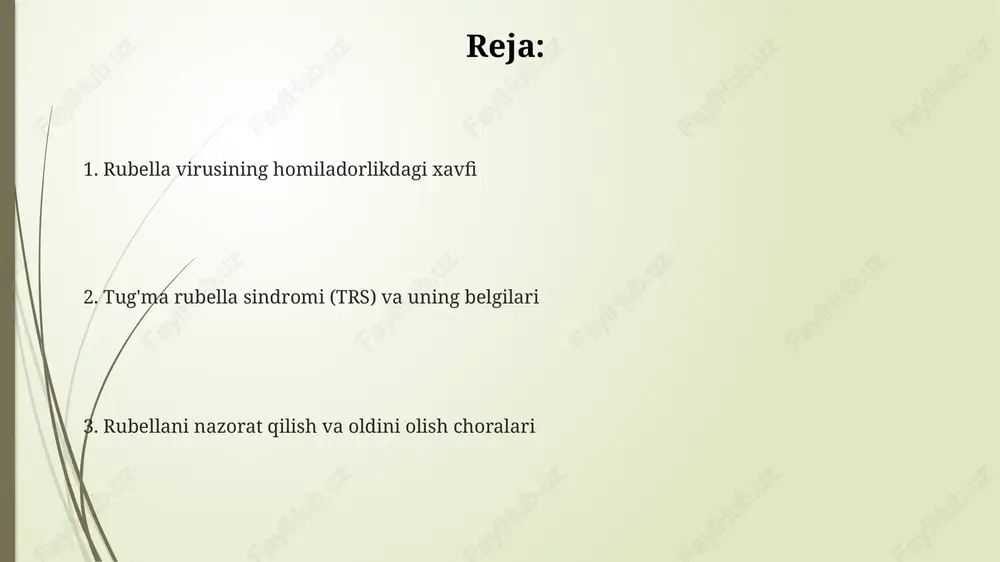n, bu esa trombotsitopenik purpura va natijada qon ketishiga olib keladi. rubella tashxisini aniqlash usullari rubella tashxisini aniqlash uchun serologiya usullari qo'llaniladi, ular orasida elisa testi igm va igg antitelalarini aniqlashga yordam beradi, bu esa infeksiya bosqichini aniqlash imkonini beradi. pcr (polimeraza zanjirli reaksiya) usuli rubella virusining rnk fragmentlarini aniqlash uchun ishlatiladi, bu esa erta tashxis qo'yish va virus genotipini aniqlash imkoniyatini beradi. homilador ayollarda rubella infeksiyasini aniqlash uchun avidlik testi qo'llaniladi, bu igg antitelalarining virusga bog'lanish kuchini baholash orqali yaqinda bo'lgan infeksiyani aniqlashga yordam beradi. rubellaga qarshi profilaktika: emlash strategiyalari homiladorlik davrida qizilchaga qarshi emlash mumkin emas, shuning uchun homilador bo'lishdan oldin emlash muhim. emlashdan keyin kamida 28 kun homiladorlikdan saqlanish tavsiya etiladi. mmr vaksinasi, qizamiq, tepki va qizilchaga qarshi, 12-15 oylikda birinchi doza va 4-6 yoshda ikkinchi doza bilan tavsiya etiladi, bu immunitetni ta'minlaydi. maktabda emlash dasturlari qizilcha tarqalishini kamaytirishda muhim rol o'ynaydi. qamrovni oshirish maqsadida bepul emlash …