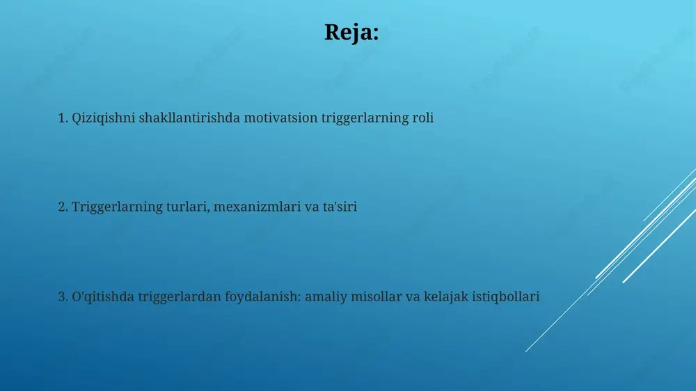 ichida, triggerlar diqqatni jalb qilib, 2-bosqichda qiziqishni ushlab turadi, 3-bosqichda esa chuqurroq o'rganishga undaydi. har bir bosqichda triggerlar turlicha ta'sir ko'rsatadi. dastlabki bosqichda yangilik va kutilmagan hodisalar kuchli trigger bo'lib, e'tiborni jalb qiladi. keyingi bosqichlarda, maqsadga yo'naltirilganlik va erishilgan yutuqlar qiziqishni saqlab qolishda muhim rol o'ynaydi. o'qitish va o'rganishda triggerlardan foydalanish: amaliy misollar o'qitishda "qiziq fakt" triggeridan foydalanish: 20-asr fizikasiga oid hayratlanarli faktlarni keltirish orqali o'quvchilarni kvant mexanikasiga qiziqtirish mumkin. o'rganishda "tanqidiy savol" triggeridan foydalanish: "nega bunday?" kabi savollar berish orqali talabalarning o'rganish jarayonida faol ishtirokini rag'batlantirish samarali. salbiy triggerlar, oqibatlari va kelajak yo'nalishlari salbiy triggerlar, masalan, muvaffaqiyatsizlikka uchrash kabi tajribalar, o'rganishga bo'lgan qiziqishni susaytirishi, depressiyaga olib kelishi va 50% hollarda motivatsiyaning yo'qolishiga sabab bo'lishi mumkin. kelajakdagi tadqiqotlar salbiy triggerlarni bartaraf etishning samarali usullarini, shu jumladan, kognitiv qayta tuzish strategiyalari va 3 bosqichli stressni boshqarish texnikalarini o'rganishi kerak. e'tiboringiz uchun rahmat slide 1 slide 2 slide 3 slide 4 slide …