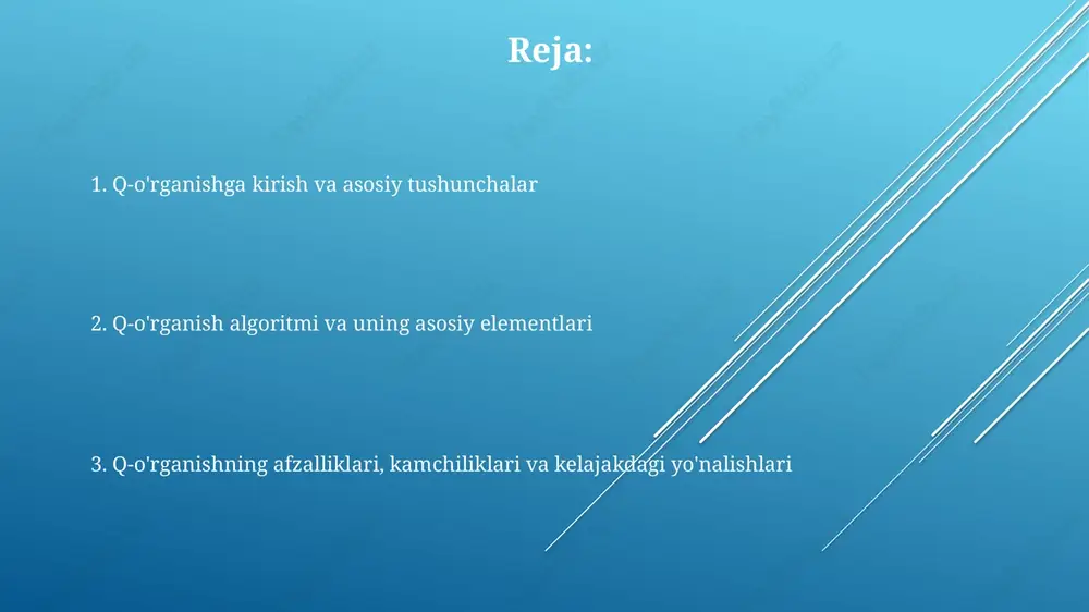 a) yangi ma'lumotning q-qiymatni qanchalik yangilashga ta'sir qilishini aniqlaydi; 0,1 alfa qiymati kichik o'zgarishlarni, 1,0 esa faqat yangi ma'lumotni qabul qilishni ko'rsatadi. q-o'rganish misollari va ilovalari robototexnikada q-o'rganish robotga turli xil harakatlarni sinab ko'rish orqali labirintdan o'tishni o'rgatish uchun ishlatilishi mumkin, masalan, 0 dan 1 gacha bo'lgan mukofotlar bilan. bu 80% dan ortiq muvaffaqiyatga olib kelishi mumkin. o'yinlarda q-o'rganish kompyuter o'yinlarini o'ynash uchun aqlli agentlarni yaratadi, masalan, atari o'yinlari; agent 0,1 dan 1 gacha qiymatli mukofotlar orqali 90% dan ortiq optimal strategiyalarni o'rganishi mumkin. resurslarni boshqarishda q-o'rganish elektr stantsiyalari va suv omborlaridagi 20% tejamkorlikni ta'minlash uchun energiya narxini va talabni muvozanatlashtiradigan optimal energiya taqsimoti strategiyalarini ishlab chiqadi. q-o'rganishning afzalliklari, kamchiliklari va parametrlarni sozlash alfa (o'rganish darajasi) 0 dan 1 gacha bo'lgan qiymatga ega; yuqori qiymat yangi ma'lumotga ko'proq e'tibor beradi, past qiymat esa avvalgi ma'lumotni saqlaydi. gamma (chegirma faktori) ham 0 va 1 orasida bo'ladi. q-o'rganishning afzalligi - modelga bog'liq …