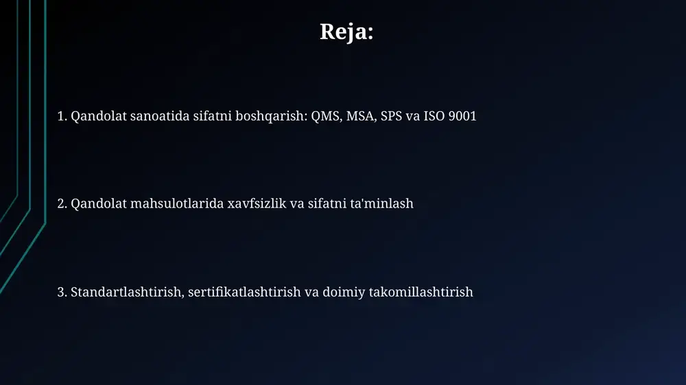 y gigiyenasi (qo'llarni yuvish, maxsus kiyim), uskunalar va ishlab chiqarish maydonlarining tozaligini ta'minlashni talab qiladi, bu mikroblarni kamaytirishga yordam beradi. xom ashyo, ishlab chiqarish va tayyor mahsulot nazorati xom ashyo nazorati partiya identifikatsiyasi, sanitariya tekshiruvlari va haccp qoidalariga muvofiq 0-4°c haroratda saqlash bilan bog'liq. bu sifatni kafolatlaydi. ishlab chiqarish nazorati har 2 soatda ph, viskozlik va rang kabi parametrlar bo'yicha namunalar olishni o'z ichiga oladi, og'ishlar uchun zudlik bilan tuzatuvchi choralar ko'riladi. tayyor mahsulotni nazorat qilish mahsulotning og'irligi, tashqi ko'rinishi va ta'mini tekshirishni o'z ichiga oladi, aql 1.0 standartiga muvofiq, yaroqlilik muddati 3 oydan kam bo'lmasligi kerak. nosozliklarni bartaraf etish, doimiy takomillashtirish va auditlar doimiy takomillashtirish uchun pdca (plan, do, check, act) sikli ishlatiladi, bu jarayonlarni doimiy ravishda yaxshilashga yo'naltirilgan 4 bosqichli modeldir. nosozliklarni bartaraf etishda 8d metodologiyasi qo'llaniladi, bu 8 qadamdan iborat tizimli yechim bo'lib, sababni aniqlash va bartaraf etishga qaratilgan. auditlar har yili kamida 1 marta o'tkazilib, iso …