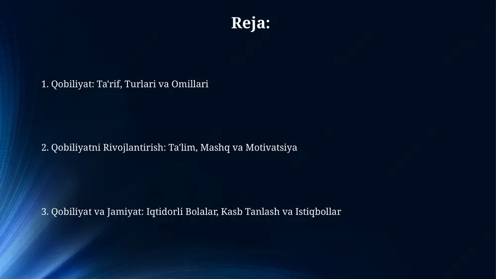 o'sishga olib keladi. iqtidorli bolalar: aniqlash va qo'llab-quvvatlash iqtidorli bolalar yuqori intellektual qobiliyatlar, o'qishda tezkorlik va 98% tengdoshlaridan ustun turuvchi ijodiy fikrlash bilan ajralib turadi. iqtidorli bolalarni aniqlashda veksler testlari kabi standartlashtirilgan testlar, kuzatuvlar va o'qituvchilarning tavsiyalari muhim rol o'ynaydi, ularning iq darajasi 130 dan yuqori bo'lishi mumkin. iqtidorli bolalarni qo'llab-quvvatlash dasturlari, masalan, erta qabul qilish va individuallashtirilgan ta'lim, ularning intellektual va ijodiy salohiyatini to'liq ro'yobga chiqarishga yordam beradi. qobiliyatni aniqlovchi usullar va rivojlantirish strategiyalari rivojlantirishda "mentoring" usuli qo'llaniladi; 1:1 formatda tajribali mutaxassislar yordamida o'quvchining 5 asosiy ko'nikmasi ustida ishlash va individual yondashuv. qobiliyatni aniqlashda "standartlashtirilgan testlar" muhim: iq testlari, qobiliyat testlari va shaxsiyat testlari orqali 7 xil aspektni baholab, aniq natijaga erishish mumkin. qobiliyatni oshirishda "o'yinlar va simulyatsiyalar" samarali: 25 turdagi o'yinlar orqali muammolarni hal etish, strategik fikrlashni rivojlantirish va kreativlikni rag'batlantirish mumkin. qobiliyatning kasb tanlash va jamiyat rivojiga ta'siri kasbiy moslashuvda qobiliyatning roli 60% ni tashkil etadi; demak, …