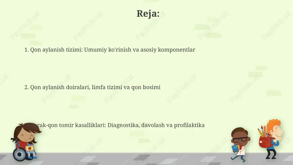 qon bosimi 120/80 mm simob ustuni ostida saqlanishi kerak. ateroskleroz, qon tomirlarida yog'li moddalar to'planishi, yurak-qon tomir kasalliklarining asosiy sababidir. bu koronar arteriya kasalligi va periferik arteriya kasalligiga olib kelishi mumkin. qon aylanish tizimining diagnostikasi va davolash usullari ekg (elektrokardiogramma) yurakning elektr faolligini 12 ta turli nuqtadan aniqlab, yurak ritmining buzilishini yoki yurak mushaklarining shikastlanishini aniqlaydi. angiografiya rentgen nurlari yordamida qon tomirlarini vizualizatsiya qiladi, ko'pincha kontrast modda yuborish orqali, toraygan yoki tiqilgan joylarni aniqlash uchun 70 foizgacha aniqlik beradi. qon aylanish tizimining profilaktikasi va yoshga bog'liq o'zgarishlar qon aylanish tizimining profilaktikasi erta yoshdan boshlanishi kerak, masalan, 30 daqiqalik jismoniy mashqlar haftasiga kamida 5 marta yurak-qon tomir kasalliklari xavfini kamaytiradi. yoshga bog'liq o'zgarishlar arterial qon tomirlarining qattiqlashishi, ya'ni arteriosklerozni o'z ichiga oladi, bu esa sistolik qon bosimining 140 mm simob ustunidan yuqori ko'tarilishiga olib kelishi mumkin. e'tiboringiz uchun rahmat slide 1 slide 2 slide 3 slide 4 slide 5 slide 6 …