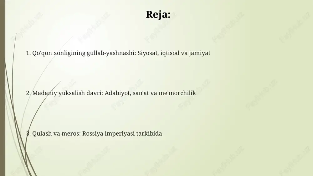 onligi islomiy an'analarni saqlab qolgan holda, yangi qurilish uslublarini qo'llagan. masalan, 1870-yilda qurilgan xudoyorxon o'rdasi o'zining hashamatli bezaklari bilan ajralib turadi. diniy hayot va islomning roli qo'qon xonligida islom dini sunniy mazhabining hanafiylik yo'nalishi keng tarqalgan bo'lib, xalqning kundalik hayotida muhim o'rin egallagan. xix asrda diniy ulamolar katta siyosiy ta'sirga ega bo'lgan. xonlik hududida ko'plab masjid, madrasa va ziyoratgohlar faoliyat ko'rsatgan. masalan, jome masjidida 100 dan ortiq ustun bo'lib, madrasalar esa ta'lim berish bilan birga diniy markaz vazifasini ham o'tagan. xonlikda qozilar faoliyati yo'lga qo'yilgan bo'lib, ular shariat qonunlari asosida nikoh, meros va boshqa masalalarni hal qilishgan. bu tizim diniy qoidalarning jamiyatda mustahkam o'rnashishiga yordam bergan. ta'lim tizimi va qo'qon adabiy muhiti qo'qon adabiy muhitida o'zbek va fors tillarida ijod qilgan ko'plab shoirlar yetishib chiqqan. nodira, uvaysiy, mahzun kabi shoirlar o'zining g'azal va dostonlari bilan shuhrat qozongan 19-asrda. qo'qon xonligida madrasalar muhim ta'lim markazlari bo'lgan, ularda diniy bilimlar bilan birga, …