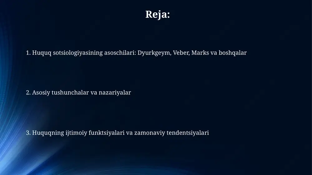 oddiy; bu tushunchalar huquqiy tizimlarni tahlil qilishda muhim ahamiyatga ega. karl marks: huquq va sinfiy kurash marks huquqni hukmron sinfning iqtisodiy manfaatlarini himoya qiluvchi vosita sifatida ko'radi, bunda 19-asr kapitalistik huquqiy tizimi bunga misol bo'la oladi. marks sinfiy kurash huquqning mohiyatini belgilaydi, deb ta'kidlaydi; huquqiy normalar 2 ta asosiy sinf: burjuaziya va proletariat o'rtasidagi ziddiyatlarni aks ettiradi. marksning huquqiy gegemoniya tushunchasi burjuaziyaning huquqdan o'z hukmronligini saqlab qolish uchun foydalanishini anglatadi, bu esa 20-asr neo-marksistik tadqiqotlarida rivojlantirilgan. eugen erlih: tirik huquq tushunchasi erlihga ko'ra, jamiyatdagi ijtimoiy normalar va amaliyotlar, odatda, davlat qonunlaridan ko'ra ko'proq huquqiy hayotni shakllantiradi; bu huquqning 70 foizini tashkil etadi. eugen erlihning “tirik huquq” tushunchasi, rasmiy davlat huquqidan farqli o'laroq, jamiyat ichida faktik ravishda amalda bo'lgan qoidalarni anglatadi, bu 1913-yilda nashr etilgan. tirik huquq, shartnomalar, savdo urf-odatlari va oilaviy munosabatlar kabi kundalik hayotda qo'llaniladigan qoidalarni o'z ichiga oladi va bu huquqning asosiy 60 foizini tashkil etadi. jorj gyurvich: …