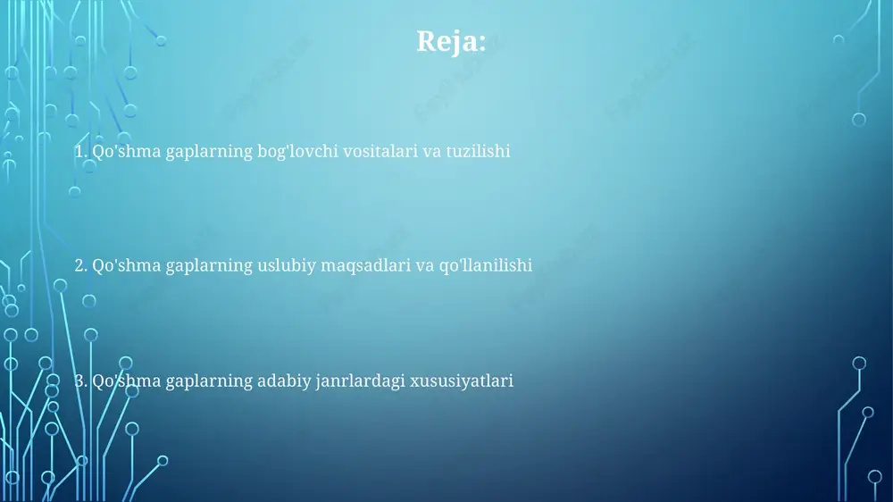 'bahor keldi' dan ko'ra ta'sirliroq. intonatsiyaning stilistik ahamiyati intonatsiya qoʻshma gaplarda 2 ta yoki undan ortiq gap boʻlaklari oʻrtasidagi maʼnoni ajratib, ularning aloqasini taʼkidlaydi. bu soʻzlovchining his-tuygʻularini ifodalashda muhim ahamiyatga ega. koʻtarilgan yoki tushirilgan ohang qoʻshma gapning mazmuniga sezilarli taʼsir koʻrsatadi. masalan, soʻroq intonatsiyasi 3-4 turli savol shakllarini yaratishga yordam beradi. intonatsiya qoʻshma gaplarda ritm va ohangni yaratib, uning estetik taʼsirini kuchaytiradi. to’xtalishlar va urg’ular gapning 10 ta bo’lagiga stilistik bo’yoq beradi. qo'shma gaplarning uslubiy maqsadi uslubiy maqsadlardan biri - ziddiyatli fikrlarni taqqoslash orqali qarama-qarshilikni ko'rsatish, bunda 'lekin', 'ammo' kabi bog'lovchilar qo'llanilib, 2 ta qarama-qarshi holat oʻrtasidagi munosabat ochiladi. qoʻshma gaplar murakkab fikrlarni ifodalashda muhim rol oʻynaydi, ikki yoki undan ortiq sodda gaplarni birlashtirib, 1 ta asosiy uslubiy maqsad - fikrni toʻliqroq ochib berish uchun xizmat qiladi. qoʻshma gaplar sabab-natija munosabatlarini koʻrsatish uchun ishlatiladi, 'shuning uchun', 'demak' kabi vositalar orqali 2 xil voqea oʻrtasidagi aloqani ta’kidlab, uslubiy ta’sirchanlikni oshiradi. rasmiy …