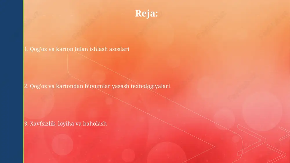 . 10 santimetrdan ortiq kesishlarni amalga oshirmaslik tavsiya etiladi. yelim bilan ishlashda faqatgina suvda eruvchi, toksik bo'lmagan yelimlardan foydalaning; yelimni ko'zga tushishidan saqlaning va yaxshi shamollatiladigan joyda ishlang, aks holda 15 daqiqa davomida yuvish kerak. loyiha ishlari va baholash mezonlari loyiha ishlarida talabalar 3 dan 5 gacha qadamdan iborat bo'lgan rejalashtirish, material tanlash, kesish, yopishtirish va bezashni o'z ichiga olgan ijodiy loyihalarni amalga oshiradilar. baholash mezonlari loyiha ijrosining 4 ta asosiy jihatini qamrab oladi: ijodkorlik 25%, aniqlik 25%, mahorat 25% va xavfsizlik qoidalariga rioya qilish 25%. e'tiboringiz uchun rahmat image4.jpg image5.jpg image6.jpg image7.jpg image8.jpg image9.jpg image2.png image3.png