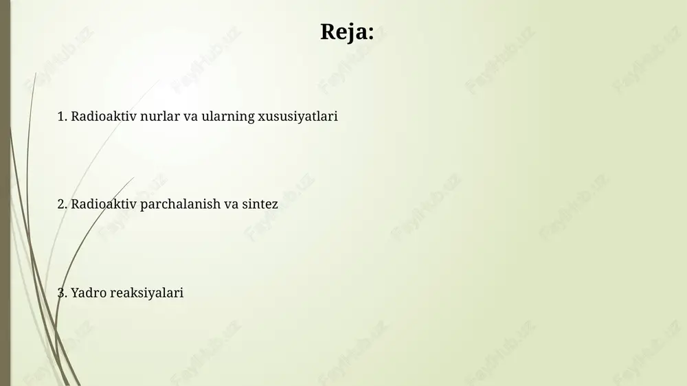 usiyatlari gamma nurlari yuqori energiyali fotonlardan iborat bo'lib, ularning to'lqin uzunligi odatda 0.01 nanometrdan kam. ular rentgen nurlariga o'xshash, ammo ular o'nlab mev energiyaga ega. gamma nurlari moddadan juda oson o'tib ketadi, chunki ular elektr zaryadiga ega emas va atomlar bilan kamroq ta'sirlashadi. qo'rg'oshin kabi zich materiallar nurlanishni to'xtata oladi. radioaktiv parchalanish qonuni radioaktiv parchalanish qonuni shuni ko'rsatadiki, vaqt birligida parchalanadigan atomlar soni mavjud bo'lgan radioaktiv atomlarning umumiy soniga to'g'ri proporsionaldir. yarimparchalanish davri - bu radioaktiv moddaning dastlabki miqdori ikki barobar kamayadigan vaqt. u odatda t½ bilan belgilanadi va har bir izotop uchun xarakterlidir. yarim yemirilish davri yarim yemirilish davri - bu radioaktiv izotopning faolligi ikki barobar kamayadigan, boshlang'ich miqdorning 50 foizi parchalangan davr, bu vaqt davomida atom yadrolarining yarmi parchalanadi. uran-238 ning yarim yemirilish davri taxminan 4.5 milliard yilga teng. bu degani, dastlabki 100 gramm uran-238 4.5 milliard yildan so'ng 50 grammgacha kamayadi. radioaktivlikni qo'llash sohalari tibbiyotda radioaktiv izotoplar …