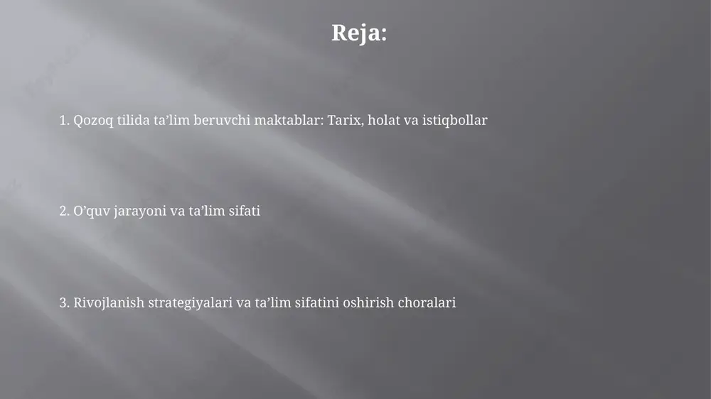 ligi va uslubiy ta'minotdagi muammolar. o'qish natijalari, baholash va qo'shimcha ta'lim imkoniyatlari kazak tilida ta'lim beradigan maktablardagi o'qish natijalari respublika bo'yicha o'rtacha ko'rsatkichdan 5-10% past bo'lishi mumkin, bu o'qitish metodikasini takomillashtirish zarurligini ko'rsatadi. baholash tizimi ko'pincha an'anaviy ball tizimiga asoslangan, lekin pisa testlari natijalari shuni ko'rsatadiki, o'quvchilarning amaliy ko'nikmalari 15-20% ga pastroqdir. respublikadagi boshqa tillarda ta'lim beriladigan maktablar bilan solishtirish va xalqaro tajriba qozoq tilidagi maktablar ko'pincha ingliz tilidagi maktablar bilan solishtiriladi, bu erda xalqaro bakalavriat dasturlari qo'llaniladi va bitiruvchilarning 85% xorijiy universitetlarga kirishadi. xalqaro tajriba almashinuvi dasturlari orqali nemis tilidagi maktablar yevropa ittifoqi mamlakatlari bilan yaqin hamkorlik qiladi, o'quvchilarning 70 foizi tillarni chuqur o'rganadi. kelajak istiqbollari, rivojlanish strategiyalari va ta'lim sifatini oshirish choralari 2030 yilgacha boʻlgan davrda taʼlim sifatini oshirish uchun oʻquv dasturlarini yangilash, xalqaro standartlarga moslashtirish va 12 yillik taʼlim tizimiga bosqichma-bosqich oʻtish rejalashtirilgan. kazak tili maktablarida oʻqituvchilarning malakasini oshirish boʻyicha davlat dasturlarini kengaytirish, shu jumladan, har yili …