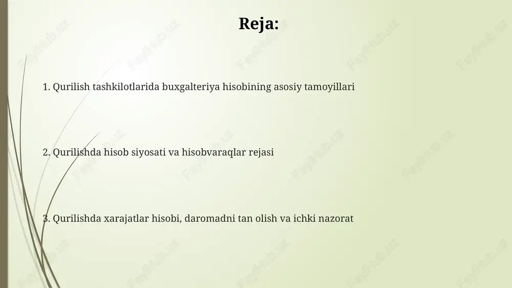 h shartnomalari xarajatlarini hisobga olish uchun maxsus hisobvaraqlarni o'z ichiga olishi kerak, bu esa loyiha rentabelligini aniqlashga yordam beradi. hujjat aylanishi hujjat aylanishi bu - buxgalteriya hujjatlarining yaratilishidan arxivga topshirilgunga qadar bo'lgan to'liq harakati, har bir bosqichda mas'ul shaxslar va muddatlar qat'iy belgilanadi. hujjat aylanishi jadvali kompaniya rahbari tomonidan tasdiqlanadi va unda har bir hujjat uchun uni tayyorlash, tekshirish, qayta ishlash va arxivga topshirish muddatlari ko'rsatiladi. qurilish tashkilotlarida hujjat aylanishi qurilish jarayonining o'ziga xos xususiyatlarini hisobga olgan holda tashkil etiladi, masalan, bajarilgan ishlar dalolatnomalari (ks-2, ks-3) bilan ishlash tartibi. xarajatlarni hisoblash usullari jarayonli hisoblash usuli ommaviy qurilishda qo'llaniladi va xarajatlar har bir bosqich uchun hisoblanadi, so'ngra 20-sonli hisobda yakuniy mahsulot tannarxini aniqlash uchun jamlanadi. xarajatlarni hisoblash usullaridan biri bu buyurtma asosida hisoblash bo'lib, har bir loyihaning bevosita xarajatlari aniqlanadi va 10-sonli buxgalteriya hisobi standartiga muvofiq taqsimlanadi. xarajatlarni standart hisoblash usuli rejalashtirilgan xarajatlar bilan haqiqiy xarajatlarni solishtirish orqali amalga oshiriladi, bu …
