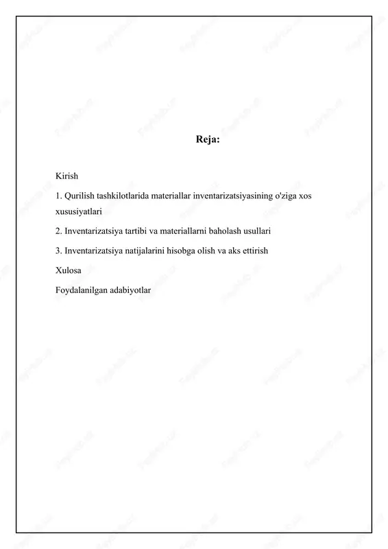 iallar aniqlansa, ularni boshqa qurilish ob’ektlariga yo‘naltirish yoki sotish orqali tashkilotning moliyaviy resurslari tejab qolinadi. inventarizatsiyaning maqsadiga erishish uchun bir qator vazifalar hal etiladi. inventarizatsiya vazifalariga materiallarning miqdori va sifatini aniqlash, ularning saqlash sharoitlarini tekshirish, hisobga olish hujjatlarining to‘g‘riligini baholash kiradi. bundan tashqari, inventarizatsiya davomida tabiiy kamayish me'yorlari bo‘yicha yo‘qotishlar aniqlanadi va ularning asoslanganligi tekshiriladi. materiallar yetishmovchiligi yoki ortiqchaligi aniqlanganda, ularning kelib chiqish sabablari o‘rganiladi va aybdor shaxslarga nisbatan tegishli choralar ko‘riladi. misol uchun, 2023-yilda o‘tkazilgan inventarizatsiya natijalariga ko‘ra, “obod qurilish” mchjda 10% ortiqcha sement zaxirasi aniqlangan, buning sababi esa xaridlar rejasining to‘g‘ri tuzilmaganligi bo‘lgan. inventarizatsiya o'tkazish tartibi va muddatlari qurilish tashkilotlarida materiallar inventarizatsiyasi o'zbekiston respublikasi qonunchiligi va buxgalteriya hisobi standartlariga muvofiq o'tkaziladi. inventarizatsiya o'tkazish uchun tashkilot rahbari buyruq chiqaradi, unda inventarizatsiya komissiyasining tarkibi, inventarizatsiya o'tkaziladigan muddatlar va ob'ektlar ko'rsatiladi. komissiya tarkibiga buxgalteriya hisobi xodimlari, materiallar uchun mas'ul shaxslar va boshqa mutaxassislar kiritilishi mumkin. inventarizatsiya o'tkazishdan oldin barcha kirim va …