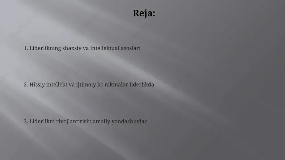 aqsadlariga erishish uchun ichki turtki bo'lib, 10-darajali shkala bo'yicha doimiy ravishda yuqori bo'lishi kerak. o'z-o'zini motivatsiya qilish nazariyasi liderga 7 xil motivatsion omillarni aniqlashga yordam beradi, bu esa ish unumdorligini 30 foizga oshiradi. tashqi motivatsiya, masalan, bonuslar, liderning jamoasini 5 foizdan 15 foizgacha samaraliroq ishlashga undashi mumkin, lekin ichki motivatsiyani unutmang. ijtimoiy ko'nikmalar liderlar ijtimoiy ko'nikmalardan foydalanib, 5 bosqichli nizolarni hal qilish modelini qo'llashlari mumkin: baholash, aloqa, muzokara, kelishuv va yakuniy qaror, bu esa g'alaba qozonishga olib keladi. ijtimoiy ko'nikmalar 70% gacha liderlik muvaffaqiyatiga ta'sir qiladi. empatiya, tinglash va nonverbal aloqa kabi xususiyatlar jamoa bilan samarali munosabatlarni o'rnatishda muhim rol o'ynaydi. ijtimoiy ko'nikmalar 360 graduslik baholash orqali o'lchanadi. ushbu baholash liderning tengdoshlari, xodimlari va rahbarlarining fikrlarini jamlab, rivojlanish sohalarini aniqlaydi. aloqa qobiliyatlari aloqa - bu bir yo'nalishli uzatish emas, balki ikki tomonlama jarayon, fikr-mulohaza va faol tinglash kabi 9 ta ko'nikma xodimlarning ishtirokini ta'minlaydi. muloqot qobiliyatlari 7% og'zaki, 38% ovoz …