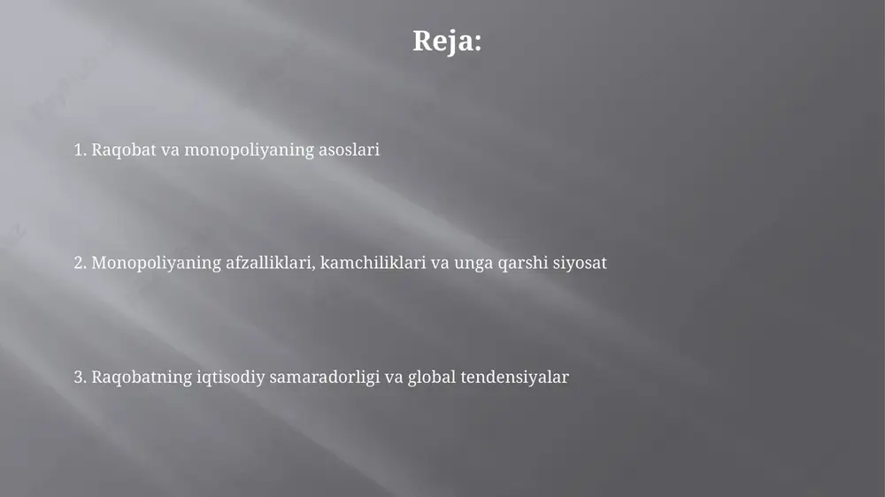 g'liqdir; bir firma narxni o'zgartirsa, boshqalari ham javob qaytaradi. kamida 40% bozor bir necha yirik kompaniyalar tomonidan nazorat qilinadi. monopolistik raqobatda ko'plab firmalar bor, lekin har biri o'z mahsulotini boshqalaridan farqlashga harakat qiladi. mahsulotning differentsiatsiyasi 10% dan 25% gacha bo'lishi mumkin. raqobatning iqtisodiy samaradorligi va narx belgilash strategiyalari raqobat resurslarni samarali taqsimlashga yordam beradi, bu esa iste'molchilar uchun 10% past narxlarda sifatli mahsulotlar va xizmatlar bilan ta'minlashga olib keladi. narx belgilash strategiyalari, masalan, raqobat narxini pasaytirish 5-10% gacha bozor ulushini oshirish imkonini beradi, lekin foyda marjasini qisqartirishi mumkin. global raqobat, innovatsiyalar va amaliy tadqiqotlar global raqobat ko'pincha transmilliy korporatsiyalar o'rtasida sodir bo'ladi, ularning bozor ulushi uchun kurashi mamlakat ichidagi raqobatdan ko'ra 30-40% ga kuchliroq bo'lishi mumkin. innovatsiyalar raqobatbardoshlikni oshiradi, tadqiqotlar shuni ko'rsatadiki, 75% dan ortiq yirik kompaniyalar innovatsiyalarni o'z raqobat strategiyalarining asosiy qismi deb bilishadi. e'tiboringiz uchun rahmat image2.jpg image3.jpg image4.jpg image5.jpg image6.jpg image7.jpg