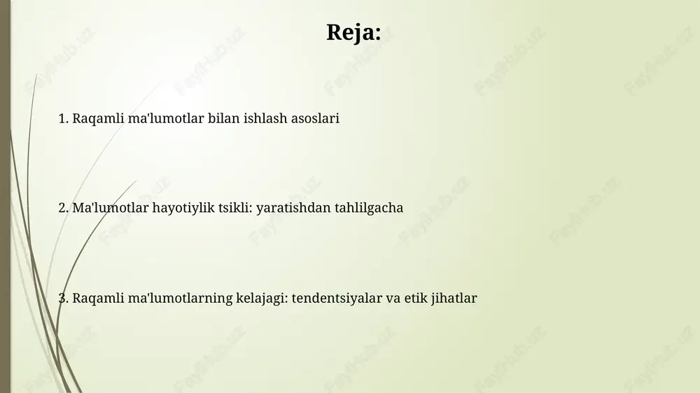 lar moslashuvchan sxemaga ega va katta hajmdagi ma'lumotlarni gorizontal ravishda, ya'ni qo'shimcha serverlar orqali oson kengaytirishga imkon beradi. ma'lumotlarni himoya qilish va ma'lumotlar etikasi ma'lumotlarni himoya qilish gdpr kabi qoidalarga rioya qilishni o'z ichiga oladi, bu esa foydalanuvchilarga shaxsiy ma'lumotlari ustidan ko'proq nazorat beradi va katta jarimalarni oldini oladi. ma'lumotlar etikasi algoritmlarni yaratishda adolatlilik va shaffoflikni ta'minlashga qaratilgan, shuning uchun ular kamsituvchi qarorlar qabul qilmaydi, 100% xolislikka intilish muhim. sun'iy intellekt, kelajak tendentsiyalari va ma'lumotlar sun'iy intellekt (ai) kelajakda katta ma'lumotlar to'plamlaridan o'rganish orqali yanada avtonom bo'ladi, bu esa 85% gacha qaror qabul qilish jarayonlarini avtomatlashtirishga olib keladi. kelajakda ma'lumotlar tahlili ai yordamida yanada tezlashadi, 90% gacha ma'lumotlarni qayta ishlash vaqtini qisqartiradi va bashoratlash aniqligini 70% gacha oshiradi. e'tiboringiz uchun rahmat slide 1 slide 2 slide 3 slide 4 slide 5 slide 6 slide 7 slide 8 slide 9