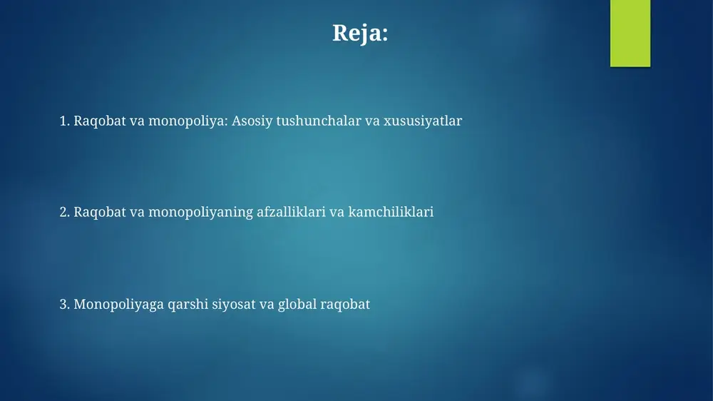 strategik o'zaro ta'sir mavjud. monopolistik raqobatda ko'plab firmalar differentsiallangan mahsulotlar bilan raqobatlashadilar. monopoliyaga qarshi siyosat va raqobatni cheklovchi amaliyotlar monopoliyaga qarshi siyosat, masalan, shermen qonuni (1890) narxlarni belgilash kabi raqobatni cheklovchi amaliyotlarga qarshi kurashadi va monopoliyani yaratuvchi birlashishlarni bloklaydi. raqobatni cheklovchi kelishuvlar, shu jumladan gorizontal (kompaniyalar o'rtasida) va vertikal (yetkazib beruvchilar va distribyutorlar o'rtasida) bitimlar, 10% bozor ulushidan oshganda qonunbuzarlik hisoblanadi. narxlash strategiyalari: raqobat va monopoliya sharoitida raqobat sharoitida *raqobatbardosh narxlash* strategiyasi bozor ulushini saqlab qolish uchun raqiblarning narxlariga mos keladi yoki undan past bo'ladi. monopoliyada *narxni diskriminatsiya qilish* strategiyasi iste'molchilarning to'lashga tayyorligiga qarab, bir xil mahsulot yoki xizmatni turli narxlarda sotishni anglatadi. innovatsiyalar, samaradorlik va davlat aralashuvi innovatsiyalar monopoliyalar sharoitida susayishi mumkin, chunki raqobatning yo'qligi yangi texnologiyalarni joriy etish uchun stimulni kamaytiradi, bu esa 5-10% lik sekinlashuvga olib kelishi mumkin. davlat aralashuvi monopoliyalar faoliyatini tartibga solish orqali samaradorlikni oshirishi mumkin, bu esa iste'molchilar uchun narxlarni 15-20% ga kamaytirishga va …