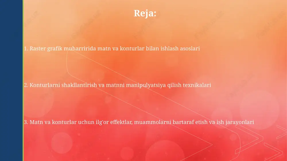 tiyot bo'ling, chunki bu jarayon 100% qaytarilmasligi mumkin. ba'zi dasturlarda asl kontur ma'lumotlari yo'qolishi mumkin. original fayl zahirasini saqlab qo'ying. matnni konturga aylantirish matnni konturga aylantirish shriftning asl formatini yoʻqotadi, lekin har bir harfni 100% moslashuvchan vektor shakliga aylantirib, nodlarni tahrirlash va boshqarish imkonini beradi. matnni konturga aylantirishdan keyin, har bir harf mustaqil ob’ektga aylanadi, bu esa har bir belgiga alohida effektlar berish va ularni 90 gradusga aylantirish kabi manipulyatsiyalarni osonlashtiradi. matnni niqob sifatida ishlatish matnni niqob sifatida ishlatish imkonini beradi, bunda 2 yoki undan ortiq qatlamlar koʻrinishini matn shakli bilan cheklash, vizual qiziqarli effektlar uchun rasm yoki rang gradientini ochish mumkin. alfa niqobi yordamida matn konturlari shaffoflikni aniqlaydi, bunda 0% dan 100% gacha shaffoflik darajasi matn shakliga bogʻliq, vizual rang oʻzgarishlar yaratish imkonini beradi. maxsus effektlar va uslublar raster muharrirlarida matn qatlamlariga soya, porlash va 3d effektlar kabi uslublar qo'shish mumkin, bu esa 5-10 piksel radius bilan ko'rinadigan chuqurlik …