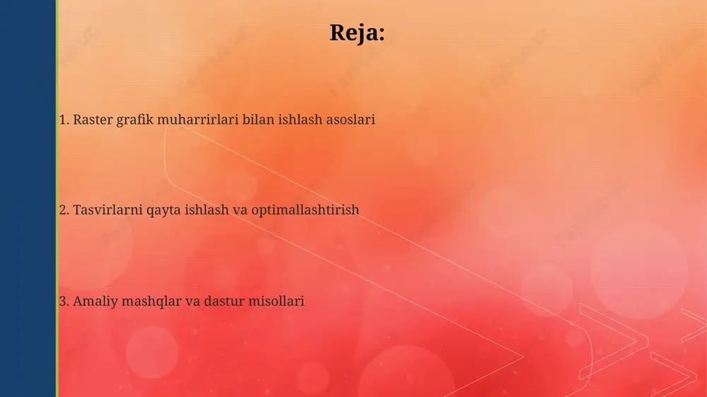 ndartdir, veb uchun esa 72 dpi odatda yetarli hisoblanadi. ranglar rejimlari (rgb, cmyk, grayscale) rgb rang rejimi qizil, yashil va ko'k ranglarning 0 dan 255 gacha bo'lgan qiymatlari bilan ekranlarda ranglarni yaratadi, bu raqamlar rangning yorqinligini bildiradi. cmyk rang rejimi ko'k, pushti, sariq va qora siyohlarni ishlatadi, 0 dan 100% gacha bo'lgan qiymatlar bilan chop etish uchun ishlatiladi, 100% qora siyohga to'g'ri keladi. grayscale rang rejimi faqat kulrang soyalarni ishlatadi, 0 (qora) dan 255 (oq) gacha bo'lgan qiymatlarga ega, bu raqamlar kulrang rangning darajasini ko'rsatadi, tasvirni soddalashtiradi. tanlash asboblari sehrli tayoqcha asbobi o'xshash rang qiymatlariga asoslangan holda piksel diapazonini tanlaydi, toleratlik sozlamasi esa tanlangan ranglar orasidagi farqning 1 dan 255 gacha bo'lgan darajasini nazorat qiladi. to'rtburchak va elliptik markirovka kabi asosiy tanlash asboblari geometrik shakllarni tezda belgilash imkonini beradi, aniqlik uchun esa ko'pincha 0 graduslik burchak kiritish imkoniyati mavjud. lasso asboblari erkin shaklli tanlash imkonini beradi, poligonal lasso esa to'g'ri …