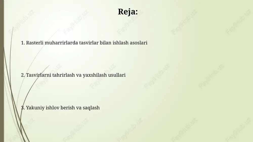 uharrirlar turli formatdagi rasmlarni import qilishni qo'llab-quvvatlaydi, masalan, jpeg, png va tiff, ularning har biri turli siqish algoritmlari va sifat darajalariga ega. import sozlamalari rasmning o'lchamlari va piksellar sonini nazorat qilish imkonini beradi, masalan, 300 dpi (dyuym uchun nuqta) bosib chiqarish uchun yuqori sifatli tasvirlarni ta'minlash uchun. rasmlarni eksport qilish: optimallashtirish va format tanlash rastrli tasvirni eksport qilishda jpeg formati 1 dan 100 gacha bo'lgan sifat darajasini taklif qiladi, bu fayl hajmi va tasvir sifati o'rtasidagi muvozanatni ta'minlaydi. png formati, ayniqsa, logotiplar va grafikalar uchun shaffoflikni saqlab qolish uchun idealdir, chunki u 24 bit rang va lossless siqishni qo'llab-quvvatlaydi. rasmlarni tanlash: usullari va vositalari toʻrtburchakli tanlash vositasi (rectangular marquee tool) toʻrtburchak shaklidagi sohalarni tanlash uchun ishlatiladi va shift tugmasi yordamida mukammal kvadratlarni yaratish mumkin. lasso vositasi erkin shakldagi tanlovlarni yaratish imkonini beradi, bunda foydalanuvchi sichqoncha bilan sohani chizadi, uning aniqligi 1 pikselgacha boʻlishi mumkin. transformatsiya: oʻlchamini oʻzgartirish, aylantirish va burish …