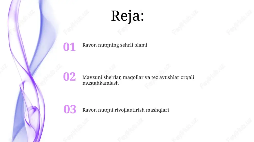 ni oshiradi. ravon nutqning rivojlanishi xotirani 30% gacha yaxshilaydi, chunki so'zlarni tezkor tanlash va gap tuzish miya faoliyatini rag'batlantiradi, kognitiv qobiliyatlarni kuchaytiradi. ravon nutq orqali auditoriya diqqatini 60% ko'proq jalb qilish mumkin, chunki yaxshi tuzilgan nutq tinglovchilarga qiziqarli va tushunarli bo'ladi, bu esa ularning e'tiborini saqlab qoladi. topishmoqlar: kirish topishmoqlar 4-5 yoshli bolalarning aqliy rivojlanishiga ijobiy ta'sir etadi, ularning mantiqiy fikrlash qobiliyatini rivojlantiradi va 10 dan ortiq so'z boyligini oshiradi. topishmoqlar qadimdan og'zaki ijod namunasi bo'lib, 1 ta narsaning mohiyatini yashirin shaklda, 2 yoki 3 ta so'z bilan ifodalash orqali topishni talab etadi. o'zbek topishmoqlarida 7 asosiy element uchraydi: narsa, belgi, harakat, o'xshatish, inkorni ifodalash, savol va 1 javob. bu 2 ta asosiy vazifani bajaradi. mavzuga oid topishmoqlar topishmoqlarning 2 asosiy vazifasi bor: birinchisi, bolalarning bilimini mustahkamlash; ikkinchisi, ularning 4 ta muhim qobiliyatini (tinglash, tushunish, taxlil qilish, javob berish) rivojlantirishdir. topishmoqlar nutqni rivojlantiradi, 7-10 yoshdagi bolalar uchun o'yin shaklida so'z …