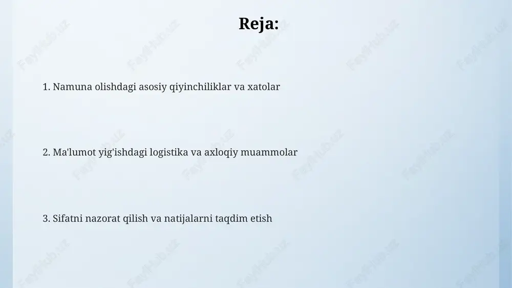 sh xatoligi, natijalarni buzishi mumkin; namunaning maqsadli populyatsiyani 100% aks ettirmasligi natijasida yuzaga keladi va bu noto'g'ri ma'lumotlarga olib keladi. ma'lumot yig'ish, xarajatlar va axloqiy masalalar ma'lumot yig'ish usullari, ayniqsa intervyular, yuqori xarajatlarga olib kelishi mumkin, chunki har bir intervyu uchun vaqt va malakali intervyuerlar talab etiladi, bu esa byudjetni oshiradi. so'rov ishtirokchilarining shaxsiy ma'lumotlarini himoya qilish axloqiy jihatdan muhimdir; ularning roziligisiz ma'lumotlarni tarqatish maxfiylikni buzadi va qonuniy muammolarga olib kelishi mumkin. so'rov o'tkazishda ma'lumot yig'ish xarajatlari namuna hajmi bilan to'g'ridan-to'g'ri bog'liq bo'lib, 1000 respondentdan iborat katta so'rov kichik, 100 respondentli so'rovga qaraganda sezilarli darajada ko'proq mablag' talab qiladi. sifat nazorati, kadrlar va madaniy omillar kadrlar so'rov jarayonida kamida 8 soatlik treningdan o'tishi kerak, ayniqsa, savollarni to'g'ri tushunish va javob olish texnikasi bo'yicha malakali bo'lishi zarur. sifat nazorati 100% tekshiruv bo'lmasligi kerak, lekin ma'lumotlar yig'ishning har bir bosqichida 5-10% nazorat qilinishi tizimli xatoliklarni aniqlashga yordam beradi. madaniy omillar turli xil …