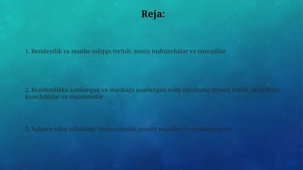anadi, bu yerda ularning iqtisodiy va shaxsiy aloqalari 183 kundan ortiq vaqt davomida mavjud bo'lsa. ko'pgina mamlakatlarda rezidentlikning asosiy mezonlari jismoniy shaxsning bir yilda ma'lum muddat (masalan, 183 kun) davomida shu mamlakatda bo'lishi va doimiy uyining mavjudligidir. daromad manbaining ta'rifi daromad manbai deganda, iqtisodiy faoliyat yoki kapitalning joylashuvi orqali hosil bo'lgan, soliqqa tortiladigan foyda manbai tushuniladi, bu odatda 183 kunlik qoidaga bog'liq. manba tushunchasi mulkning joylashuvi, xizmat ko'rsatish joyi yoki sotish amalga oshirilgan hududni anglatadi, bu esa soliqqa tortish huquqini aniqlashda muhim ahamiyatga ega. daromad manbai shartnomalarda aniq belgilanishi kerak, chunki qo'shaloq soliqqa tortilishni oldini olish uchun har bir davlatning soliqqa tortish huquqi asoslanadi. rezidentlikka asoslangan soliq solishning afzalliklari ushbu tizim soliq to'lovchilarning daromad manbalaridan qat'i nazar, ularning soliq majburiyatlarini soddalashtiradi, chunki ular faqat o'z rezidentligining mamlakatida soliq to'laydilar, bu esa 20% xarajatni kamaytiradi. rezidentlikka asoslangan soliq solish davlatga o'z rezidentlarining global daromadidan soliq undirish imkonini beradi, bu esa soliq …