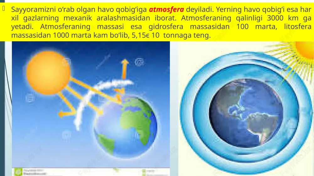 haydi, lekin eng yuqori qismida suv bug‘lari kamayib, gazlar siyraklasha boradi, temperatura past bo‘lib, 72єc ga yetadi. stratosfera atmosferaning 50-60 km balandlikkacha bo‘lgan qismini o‘z ichiga oladi, butun atmosfera massasining 10% qismi shu sferada. stratosferada havo siyrak. bu sferada havo, asosan, traposferadagi gazlardan iborat bo‘lsa-da, lekin unda ozon gazining miqdori ko‘proq. stratosferaning quyi qismida temperatura yozda ekvator ustida -70єc, qutblar ustida -56єc ga pasayadi; lekin 35-55 km balandlikda temperatura ko‘tariladi. buning sababi shundaki, bu yerda ozonning ko‘p bo‘lganidan quyosh nuri, ayniqsa ultrabinafsha nur ko‘plab yutiladi. stratosferada tezligi soatiga 340km ga yetadigan kuchli shamollar ham bo‘lib turadi. strapouza stratosfera bilan mezosfera orasidagi o‘tkinchi qatlam bo‘lib, bu yerda havo ancha siyrak, temperatura esa ko‘tarilib 0 єc atrofida bo‘ladi. mezosfera atmosferaning 50-60 km dan 80-85 km gacha bo‘lgan qismini oladi. bu qatlamda atmosfera bosimi kam, havo yer yuzasidagiga nisbatan 200 marta siyrak, temperatura esa yana past: -60, -80єc. atmoferaning bu qismida tabiati yaxshi …