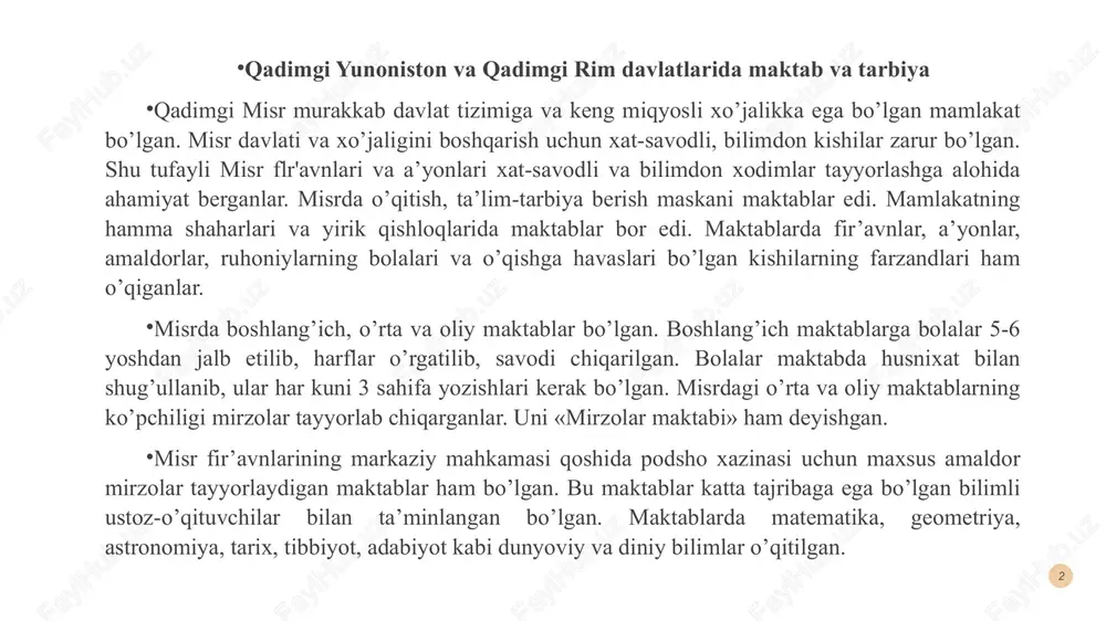 an. etarli qobiliyatli va tirishqoq bo’lmagan o’quvchilar jazolangan. maktab qoshida «xivich bilan savalovchi» maxsus nazoratchi bo’lgan. o’qituvchilar o’quvchilarni qunt bilan o’qishga undaganlar. yunoniston unchalik katta bo’lmagan quldorlik davlatlaridan iborat bo’lgan. uning katta shaharlaridan biri lakoniya (poytaxti sparta) va attika (poytaxti afina) bo’lib, bu shaharlar madaniyat markazi xisoblangan. bu ikki shaharda tarbiyaning o’ziga xos tizimi vujudga keldiki, natijada bu tarbiya tizimi «sparta» va «afina» usulidagi tarbiya deb yuritiladigan bo’ldi. lekin bu ikki shaharning iqtisodiy, siyosiy taraqqiyoti, madaniyat darajasi turlicha edi. shuning uchun ular bir-biridan tubdan farq qilar edi. ammo ikkala davlatda ham quldorlik tuzumi xukmronlik qilar edi. shuning uchun ham bu davlatlarda ijtimoiy tarbiya tizimi quldorlarning bolalarini manfaatini ko’zlar edi. 3 yunonistonda qullarni «gapiradigan ish quroli» deb hisoblar edilar. qullar oddiy insoniy xuquqlardan ham mahrum edilar. spartada dexqonchilik yaxshi rivojlangan bo’lib, bu qullar mexnati evaziga asoslangan edi. spartada qullar shafqatsiz ta’qib ostiga olinar edi. shu sababli ular tez-tez qo’zg’olon ko’tarib turar …
