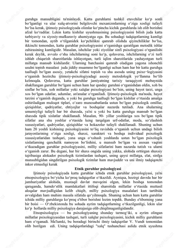 ing asosiy turlari keltirilgan. guruhlar avvalo shartli va real guruhlarga bo‘linadi. real guruhlar aniq tadqiqot maqsadlarda to‘plangan laboratoriya tipidagi hamda tabiiy guruhlarga bo‘linadi. konkret faoliyat va odamlarning tabiiy ehtiyojlari asosida tashkil bo‘ladigan bunday tabiiy guruhlarning o‘zi kishilarning soniga qarab katta, kichik guruhlarga bo‘linadi. katta guruhlar uni tashkil etuvchilarning maqsadlari, fazoviy joylashishlari, psixologik xususiyatlarnga qarab uyushgan va uyushmagan turlarga, kichiklari esa o‘z navbatida, endi shakllanayotgan - diffuz hamda taraqqiyotning yuksak pog‘onasiga ko‘tarila olgan jamoa turlariga bo‘linadi. guruhlarning ijtimoiy psixologiya uchun ayniqsa, muhim hisoblangan turlariga ta'rif berish va ularning psixo¬logik qonuniyatlarini o‘rganishni maqsad qilib qo‘ygan holda, bevosita katta guruhlarning ijtimoiy-psixologik qonuniyatlarini o‘rganishga o‘tamiz. katta guruhlar psixologiyasiga xos xususiyatlar va ularni ilmiy tadqiq etish shartlari katta guruhlar kishilarning shunday birlashmalariki, undagi odamlar soni ko‘pchilikni tashkil etib, ma'lum sinfiy, ilmiy, irqiy, professional belgilar ularning shu guruhga mansubligini ta'minlaydi. katta guruhlarni tashkil etuvchilar ko‘p sonli bo‘lganligi va ular xulq-atvorini belgilovchi mexanizmlarning o‘ziga xosligi tufayli bo‘lsa …