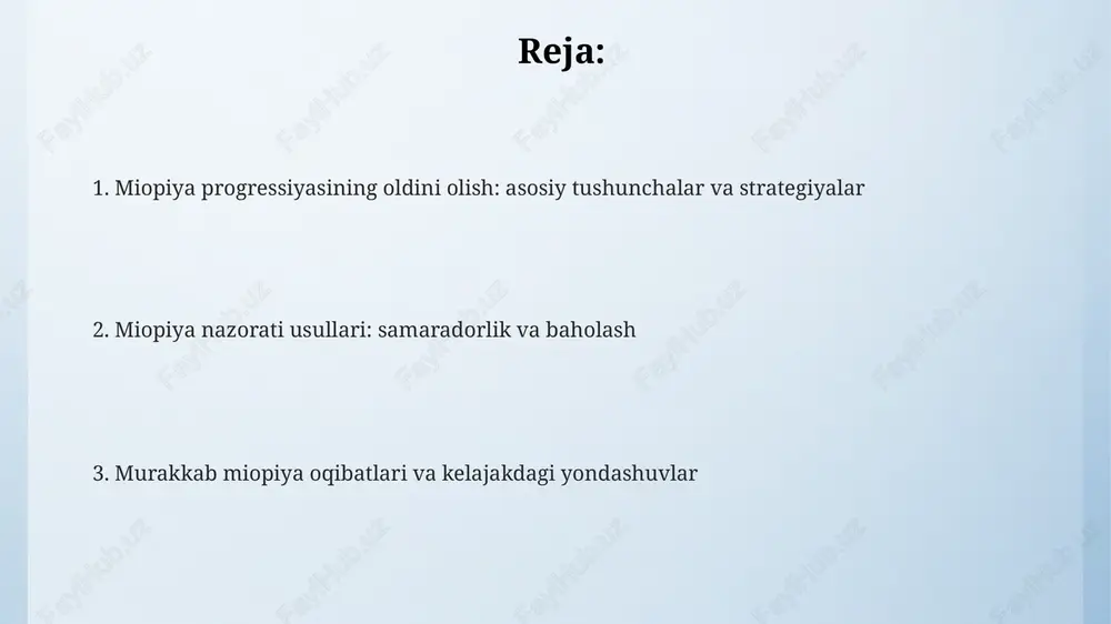 hdan saqlaning, masalan, har 30 daqiqada 20 soniya davomida 20 fut uzoqlikdagi narsaga qarab turish (20-20-20 qoida) ko'zning zo'riqishini kamaytiradi. farmakologik va optik aralashuvlar atropin tomchilari, odatda 0,01% dan 0,05% gacha bo'lgan konsentratsiyalarda, miyopiyaning rivojlanishini sekinlashtirish uchun ishlatiladi, lekin yorug'likka sezuvchanlik va yaqindan ko'rish qobiliyatining vaqtinchalik buzilishiga olib kelishi mumkin. multifokal ko'zoynaklar yoki kontakt linzalar periferik ko'rishning fokuslanishini o'zgartirish orqali miyopiyaning progressiyasini sekinlashtirish uchun mo'ljallangan; klinik tadqiqotlar ularning samaradorligi bo'yicha aralash natijalarni ko'rsatdi. ortokeratologiya, yoki tungi kontakt linzalari, shox pardani qayta shakllantirishi orqali kunduzgi ko'rish qobiliyatini yaxshilash uchun ishlatiladi va ba'zi tadqiqotlar miyopiya progressiyasini yiliga o'rtacha 0,25 dan 0,50 dioptriyagacha kamaytirishini ko'rsatadi. miopiya nazorati: samaradorlikni baholash axial uzunlikdagi o'zgarishlarni kuzatish muhim, chunki u ko'z olmasining cho'zilishini bevosita ko'rsatadi; maqsad - bir yilda 0.1 mm dan kam o'sishga erishishdir. miopiya nazoratining samaradorligini baholash, odatda, sikloplegik refraksiya ostida o'lchangan miopiya rivojlanishining yillik o'zgarishi, kamida 0.50 dioptriya kamayishi bilan belgilanadi. miopiya nazoratining samaradorligi, …