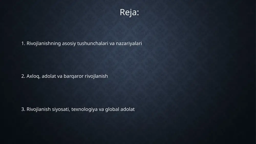 gan, rivojlanishni g'arb namunasi bo'yicha sanoatlashtirish va siyosiy barqarorlik orqali amalga oshirishni ta'kidlaydi. qaramlik nazariyasi 1960-70 yillarda paydo bo'lib, rivojlangan davlatlar rivojlanayotgan davlatlarni ekspluatatsiya qilishi natijasida tengsizlik kuchayadi degan g'oyani ilgari suradi. barqaror rivojlanish nazariyasi 1980-yillardan boshlab resurslardan oqilona foydalanish, ekologik muvozanatni saqlash va kelajak avlodlarning ehtiyojlarini qondirishga qaratilgan. texnologiya va rivojlanish o'rtasidagi bog'liqlik yangi texnologiyalar, ayniqsa, ai va avtomatlashtirish, ishlab chiqarish unumdorligini 30% gacha oshirishi mumkin, bu esa iqtisodiy o'sish va yangi ish o'rinlarining yaratilishiga olib keladi. texnologiya, masalan, 4g va 5g aloqa tarmoqlari, qishloq joylarda internetga kirishni ta'minlab, ta'lim va sog'liqni saqlash xizmatlaridan foydalanish imkoniyatini kengaytiradi. blockchain texnologiyasi moliyaviy shaffoflikni oshiradi va korrupsiyani kamaytirishga yordam beradi, bu esa rivojlanayotgan mamlakatlarda sarmoya muhitini yaxshilaydi (10-15% gacha). global adolat va rivojlanish siyosati global adolat rivojlanish siyosatini shakllantiradi, chunki 2030 yilgacha barqaror rivojlanish maqsadlariga erishish hamkorlikni talab etadi, adolatli savdo va texnologiya uzatishni ta'minlash zarur. global adolat 0.7 ko'rsatkichi boy mamlakatlarning …