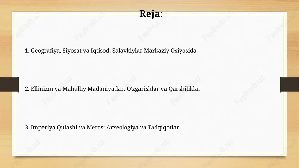 seleukidlarga qarshi qarshilik ko'rsatdi. diniy e'tiqodlar va amaliyotlar zardushtiylik markaziy osiyoda keng tarqalgan edi; e'tiqodga ko'ra, ahura mazda yorug'lik xudosi, angra mainyu esa zulmatni ifodalaydi, bu o'rtada doimiy kurash mavjud. seleukidlar davrida mahalliy e'tiqodlar mavjud bo'lib, o'z qabila xudolariga sig'inish davom etgan, masalan, daryolar va tog'lar kabi tabiat elementlariga sig'inish amaliyoti keng tarqalgan. arxeologik dalillar ayrim arxeologik topilmalar, masalan, ayrimdagi yunon-baqtriya tangalari miloddan avvalgi ii asrda mintaqada ellinistik hukmronlik mavjudligini tasdiqlaydi va savdo aloqalarini ko'rsatadi. qadimgi marv shahridagi (hozirgi turkmaniston) arxeologik qazishmalar seleukidlar davrida shaharning gullab-yashnaganini va mintaqada monumental me'morchilik rivojlanganini isbotlaydi. imperiyaning qulashi va meros miloddan avvalgi ii asrda seleukidlar imperiyasining parchalanishi natijasida grek-baqtriya va sak imperiyalari kabi yangi siyosiy tuzilmalar paydo bo'ldi, bu mintaqadagi hokimiyat muvozanatini o'zgartirdi. seleukidlar davrida qurilgan ko'plab shaharlar, masalan, ayxonum, keyingi davrlarda ham o'z ahamiyatini saqlab qoldi va markaziy osiyoning madaniy merosiga sezilarli ta'sir ko'rsatdi. e'tiboringiz uchun rahmat image7.jpg image8.jpg image9.jpg image10.jpg image11.jpg image12.jpg …