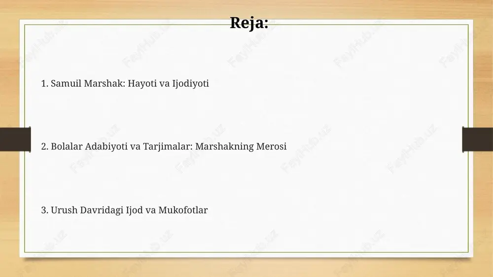 o‘rgatish uchun yozilgan bo'lib, yaxshilik, adolat va mehnatsevarlik kabi muhim 5 ta qadriyatni targ'ib qiladi. mashhur tarjimalari marshakning ingliz she’riyatidan qilgan tarjimalari, jumladan, 154 ta sonetdan iborat bo‘lgan shekspir sonetlari uning tarjima mahoratining cho‘qqisi hisoblanadi. robert bernsning “jon anderson, mening sevgilim” (jon anderson, my jo) she’rining marshak tarjimasi 1940 yillarda juda mashhur bo'lgan va qo'shiqqa aylangan. uning tarjimalari orasida rudyard kiplingning bolalar uchun yozilgan she’rlari va ertaklari ham bor, masalan “fil bola qanday qilib xartumga ega bo'ldi”, ular juda ommalashgan. she'riyat olamida uning kattalar uchun yozgan she'riyatida falsafiy fikrlar, hayot mazmuni va insoniyatning dolzarb muammolari 3 qatorli she'rlar orqali ifodalangan. marshakning lirikasida insoniy tuyg'ular, ayniqsa, do'stlik va muhabbatga bag'ishlangan ko'plab she'rlar mavjud bo'lib, ularda 19-20-asr lirikasining ta'siri seziladi. marshakning she'riyatida tabiat manzaralari, fasllar almashinuvi tasviri 4 misradan iborat bandlarda o'z aksini topgan bo'lib, bu uning poetik mahoratidan dalolat beradi. pyesalar va sahna asarlari marshakning 'teremok' pyesasi rus xalq ertaklari asosida …