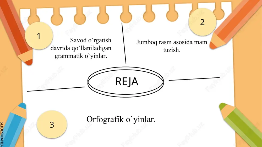 ngsiz ekanligini anglab olish imkonini beradi. bu o`z navbatida to`g`ri yozishda qo`l keladi. shuningdek bu sinflarda bo`g`in va uning turlari, urg`uli va urg`usiz bo`g`inlar, tovushlarning bir-biriga ta`siri haqida amaliy bilim oladi. bularning barchasini o`zlashtirib olish bir qator murakkabliklar tug`diradi. shu tufayli boshlang`ich sinflarda fonetikaga oid didaktik o`yinlardan foydalanish qo`l keladi. slidesmania.com “ so`z tuzish “ o`yini. o`yin savod o`rgatish davrida o`tkaziladi . bu o`yinlarni bajarish o`quvchilarga tovushning so`z hosil qilishidagi ahamiyatini to`laroq tushunib olish imkonini beradi. o`quvchilar ushbu o`yinda ishtirok etar ekan, so`zlarning turli- tuman usullar bilan hosil bo`lishi katta qiziqish uyg`otadi. o`zlari hosil qilgan yangi so`zlardan bevosita zavq olishga muvaffaq bo`ladi. so`z tuzish o`yini savod o`rgatishning tarkib –tahrir (analitik –sintetik) tovush metodi asosida bajariladi. ushbu metodning ikkinchi qismi tuzish ,qurish ,birlashtirish singari ma`nolarni bildiradi. so`z tuzish o`yini ham aynan so`zga hilma-hil tovushlarni, bo`g`inlarni qo`shish orqali hosil bo`ladi. bu o`yinni bajarishda so`zga turli hil usullar bilan tovush qo`shib yangi so`z …
