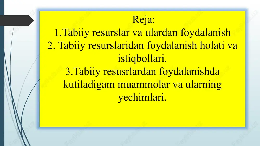 qayta tiklanish darajasi bo‘yicha. tabiat resurslari tugaydigan (koʻpgina foydali qazilmalar), tugamaydigan (suv, havo, quyosh nuri, yerning ichki energiyasi) va qayta tiklanadigan (biologik elementlar, ayrim foydali qazilmalar) boyliklarga boʻlinadi. tabiiy xom ashyolarni koʻp darajada isteʼmol qiluvchi kuchlarning jadal rivojlanishiga bogʻliq ravishda tabiat resurslari bilan taʼminlash muammolari yanada dolzarblashib bormoqda. agarda mineral resurslar yoqilg‘i shaklida ishlatilsa (ko‘mir, neft gaz, torf, yog‘och, atom energiyasi) ular yoqilg‘i-energetik resurslari turiga kiradilar. energetik resurslar - quyosh, koinot, atom-energetik, termo va boshqa energiya manbalarini majmuasidir. ishlab chiqarishda ishlatilishi bo‘yicha tabiiy resurslar quyidagilarga bo‘linadi: - yer fondi - dunyo va mamlakat miqyosidagi hamma yerlar, vazifalari bo‘yicha quyidagi toifalarga bo‘linadi: qishloq xo‘jaligidagi yerlar, yashash punktlari, noqishloq xo‘jaligi yerlari (sanoat, transport, qazib olish sanoatida va h.k). atrof-muhitni asrash nuqtai nazaridan resurslarning uchinchi, ya'ni - qayta tiklanish klassifikatsiyasi muhimdir. tabiiy resurslar tasnifi tabiiy resurslar xarakteristikasini bilish ulardan oqilona foydalanishda muhim ahamiyatga ega. o‘simlik va hayvonlarni faqatgina ma’lum populyatsiyasi saqlanib qolgan holdagina …