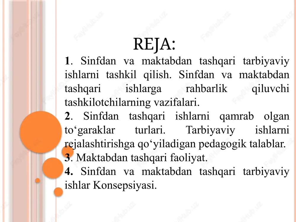 va vazifalarini aniqlash; – tarbiyaviy, ommaviy-siyosiy ishlarni rejalashtirish va ularning mazmuni, shakl va usullarini aniqlash; – sinfdan va maktabdan tashqari tarbiyaviy ishlarni guruhlashtirish, boshqaruvchi shaxslarni aniqlash. sinfdan tashqari ishlarning tarbiyaviy ta’siri ko‘p darajada o‘quv jarayonini tashkil etish saviyasiga hamda o‘quvchilar jamoachining xilma-xil ishlarni qanday yo‘lga qo‘yishga bog‘liqdir. sinfdan tashqari faoliyat majburiy dastur bilan chegaralanmaydi, balki yoshlari har xil o‘quvchilarni ixtiyoriy ravishda birlashtiradi. ularning tashabbusi asosida ishlarni amalga oshiradi, fanga qiziqtiradi, ularni xalqning madaniy hayoti muhitiga olib kiradi. sinfdan tashqari ishlarni tashkil qilish va o‘tkazish metodikasi quyidagilarga asoslanishi kerak: 1. darsda o‘quvchilar olgan bilim, malaka va ko‘nikmalarni hisobga olgan holda o‘tkaziladi. 2. sinfdan tashqari ishlar o‘quvchilarning xohishi, havaskorligi, ijodkorligi tamoyillariga asoslanishi va ularning individual fikrlarini qoniqtirish maqsadida tashkil qilinadi. 3. sinfdan tashqari ishlarni o‘tkazish shakllari darslardan farq qilib, qiziqarli tomoni kuchli bo‘ladi. buning uchun zaruriy shart shuki, o‘tkaziladigan ishning rejalashtirilishi va tizimliligining murakkabligidadir. sinfdan va maktabdan tashqari ishlarning tashkilotchisining vazifalariga quyidagilar …