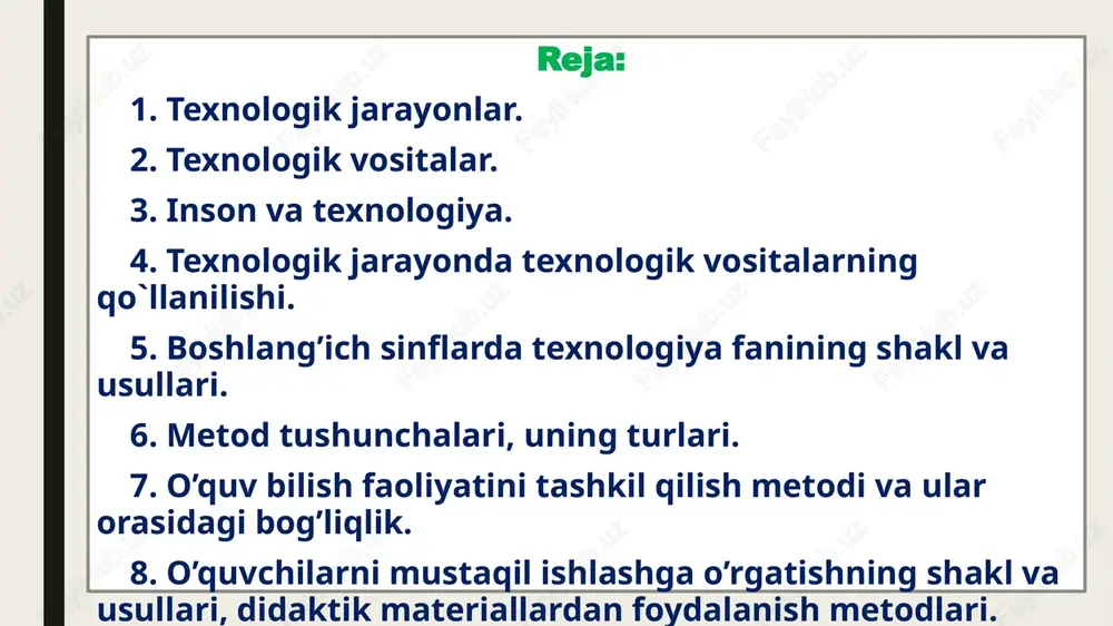umiy konstruktiv va texnologik xususiyatlarga ega bo’lgan mahsulotlar guruhini ishlab chiqarishning texnologik jarayoni. guruh texnologik jarayoni (gtj) - turli xil dizayndagi, ammo umumiy texnologik xususiyatlarga ega bo’lgan mahsulotlar guruhini ishlab chiqarishning texnologik jarayoni. texnologik jarayonlar "tipik" va "istiqbolli" ga bo’linadi. "tipik" texnik jarayon umumiy dizayn tamoyillariga ega bo’lgan mahsulotlar guruhi uchun ko’pgina texnologik operatsiyalar va o’tishlarning mazmuni va ketma-ketligining birligiga ega. "istiqbolli" texnik jarayon ishlab chiqarish texnologiyasi rivojlanishining ilg’or jahon darajasiga ko’tarilish (yoki mos kelish) ni o’z ichiga oladi. bigizdan foydalanish qoidalari 1. bigiz bilan ishlaganingizda ustozingiz yoki ota-onangiz ko‘magiga tayaning. 2. bigizni o‘rinsiz ishlatmang. 3. sirti silliq va sirpanchiq bo‘lgan qattiq buyumlarni bigiz bilan teshmang. 4. teshiladigan buyumni qo‘lingizda ushlamang,uni stol, taglik ustiga qo‘yib teshing. maxsus ish pichog‘i bilan ishlash qoidalari 1. maxsus pichoqdan o‘qituvchingiz yordamida foydalaning. 2. maxsus pichoqni o‘qituvchi ko‘rsatganidek ishlating, kesayotganda qattiq bosmang. igna bilan ishlash qoidalari 1. ignani ishlatib bo‘lgach, maxsus yostiqchaga sanchib qo‘ying. 2. …