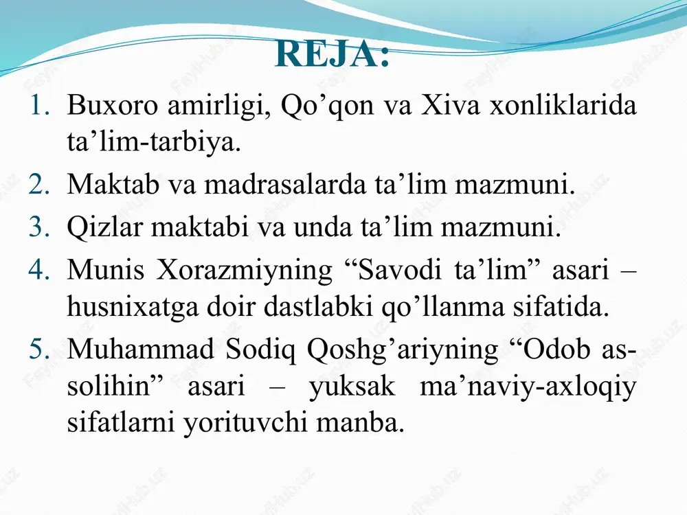 ari boshlang’ich maktab qorixona daloilxona madrasa otinoyilar maktabi xix asrning birinchi yarmida o‘rta osiyoning yirik shaharlarida mavjud bo‘lgan maktablar va o’quvchilar soni shaharlar maktablar soni o’quvchilar soni toshkent 120 2000 buxoro 360 6000 qo’qon 300 5500 andijon 90 1700 samarqand 80 1000 marg’ilon 70 800 namangan 60 900 jizzax 10 150 maktablarda ta’lim mazmuni 1 alifbo kitobi 2 haftiyak 3 chor-kitob sabotul ojizin 4 qorixonalar va ularda ta’lim mazmuni ta’lim muassasasining maqsadi o’qitishni tashkil etish tartibi o’qitish mazmuni ushbu ta’limdan ko‘zda tutilgan asosiy maqsad – turli diniy marosimlarda qur’on tilovat qiluvchi qorilarni (shu sababli qorixona talabalari safida ko‘zi ojizlarni ham uchratish mumkin edi) tayyorlashdan iborat bo‘lgan. qorixonadagi o‘quv muddati 2-3 yil davom etgan. mashg‘ulotlar jumadan tashqari har kuni o‘tkazilgan. o‘qish jarayonida ayrim talabalar o‘z uylarida yashaganlar, ular har kuni o‘qituvchining oldiga kelib topshiriq olganlar va o‘qish qiyin bo‘lgan duolarni o‘qish yuzasidan maslahatlar olganlar. ayrim hollarda esa ba’zi talabalar oilalari bilan …