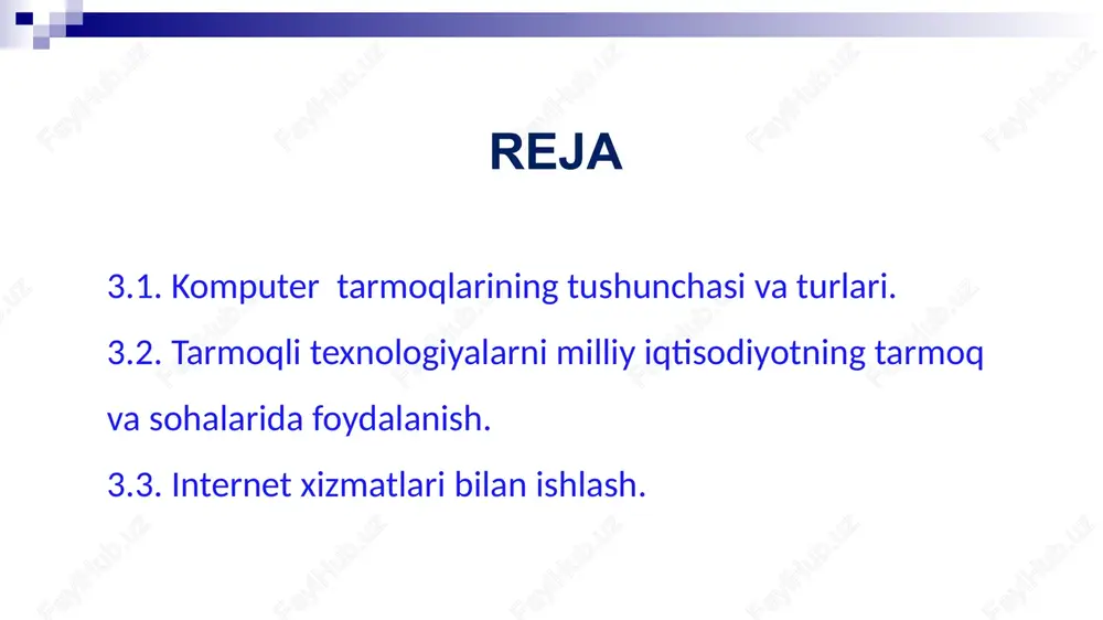 unda kompyuterlar bir-biri bilan koaksial, o‘ralgan juftlik kabeli (utp) yoki shisha tolali kabellar orqali maxsus tarmoq plata yordamida bog‘lanadi. simsiz bog‘lanish. bunda kompyuterlar bir-biri bilan simsiz aloqa vositalari yordamida, yaʼni radio to‘lqinlar, infraqizil nurlar, wifi va bluetooth texnologiyalari yordamida bog‘lanadi. kompyuterlarni bir-biri bilan bog‘lash kompyuter tarmoqlarining tushunchasi va turlari tarmoq tushunchasi va uning ahamiyati tarmoq - kompyuterlar, terminallar va boshqa qurilmalarning maʼlumot almashishni taʼminlaydigan aloqa kanallari bilan o‘zaro bog‘langan majmui. kompyuterlararo maʼlumotlarni almashishni taʼminlab beruvchi bunday tarmoqlar kompyuter tarmoqlari deb ataladi. tarmoq axborotlarni uzatish, alohida foydalanilayotgan kompyuterlarni birgalikda ishlashini tashkil qilish, bitta masalani bir nechta kompyuter yordamida yechish imkoniyatlarini beradi. kompyuter tarmoqlarining tushunchasi va turlari tarmoq har doim bir nechta kompyuterlarni birlashtiradi va ulardan har biri o‘z axborotlarini uzatish va qabul qilish imkoniyatiga ega. axborot uzatish va qabul qilish kompyuterlar o‘rtasida navbat bilan amalga oshiriladi. kompyuterlar tarmoqlari tashkil etilgandan so‘ng undagi barcha kompyuterlarning manzillari belgilanadi. chunki axborotlarni tarmoq orqali bir …