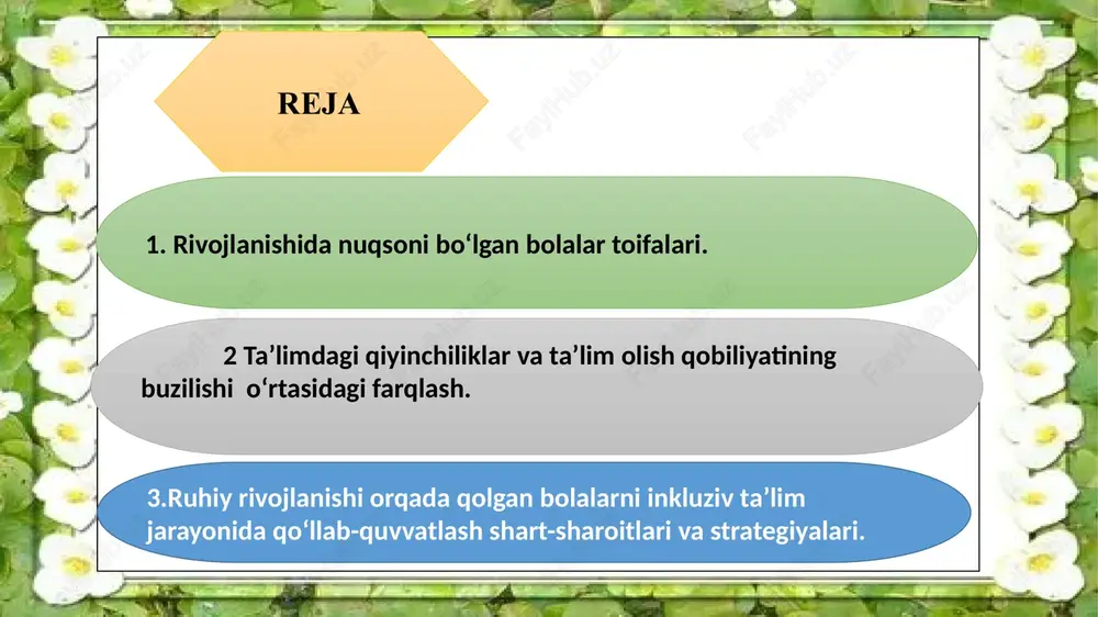 rkazlari, rivojlantirish markazlarida, aralash guruhlar ochilgan. shuningdek, maktabgacha ta’lim muassasalarida, umumta’lim maktablarda psixik va jismoniy rivojlanishida nuqsoni bo'lgan bolalarni uchratish mumkin. ushbu nuqsonlarning ko'rinishi turlicha bo'lishi mumkin. son jihatdan yirik bo'lgan guruhni harakatlanish, sensor yoki intellektual sohalarda nuqsonlari aniq ifodalanmagan: eshitishda, ko'rishida, fazoviy-idrok tassavurlarida, harakat-tayanch apparatida, fonematik idrokida nuqsoni bo'lgan, hissiy-irodaviy buzilishli, nutqiy rivojlanishida kamchiliklarga ega, xulq buzilishlariga ega, psixik rivojlanishi orqada qolgan, somatik sust bolalar tashkil etadi. yaqqol ifodalangan psixik yoki jismoniy rivojlanishdagi nuqsonlar maktabgacha yoshda aniqlansa, yengil nuqsonlar uzoq vaqt mobaynida e’tiborsiz qoladi. rivojlanishdagi nuqsonlarni tashxis qilish uch bosqichni o 'z ichiga oladi. ikkinchi bosqich - rivojlanishdagi nuqsonlarni differensial tashxis qilish. ushbu bosqichning maqsadi rivojlanish nuqsonini turini (xil, toifasini) aniqlash. uning natijalariga ko'ra bolaning imkoniyat va xususiyatlarini hisobga olgan holda, ularning ta’lim olishlari uchun ta’lim muassasasini turi va dasturi, optimal pedagogik yo'llanmasi aniqlanadi. psixologo-tibbiy-pedagogik komissiyaning faoliyati differensial diagnostikada yetakchi rolni egallaydi. birinchi bosqich - skrining nomini olgan. ushbu …