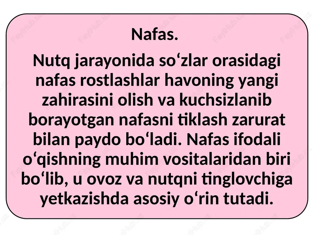 inomxo‘jayev, a.zunnunovlar tomonidan yaratilgan “ifodali o‘qish asoslari” o‘quv qo‘llanmasida nafas faoliyatini yaxshilash uchun quyidagi besh xil nafas mashqi tavsiya qilinadi: 1.kontrol mashq. bu nafasning diafragmal-aralash usulda to‘g‘ri olinishini nazorat qilish maqsadida o‘tkaziladigan mashqdir. uni o‘tkazishda tik va erkin turib, ikki qo‘l bilan ikki (oxirgi) qovurg‘ani bosib, ohista, chuqur nafas olinadi va yana asta-sekin nafas chiqariladi. bunda ko‘krak qafasi va yelka ko‘tarilmaydi. chuqur nafas yetimcha qovurg’a ustiga qo‘yilgan qo‘lni ikki yonga ko‘taradi. mashq yaxshi o‘zlashtirilgunga qadar muntazam davom ettiriladi. 2. qorinni tortish mashqi. bu mashq chuqur nafas olib, o'pka havo bilan to‘ldirilgach, nafasni chiqarmay, “ushlab” turgan holda, qorinni yuqoriga tortish mashqidir. mashq qorinni tortib turish ko‘nikmasi hosil bo'lgunga qadar davom ettiriladi. 3.sanash mashqi. bu diafragmal usulda nafas olib, erkin turgan holda, erkin ovoz bilan birdan beshgacha (1,2, 3,4, 5 deb) sanash mashqidir. birdan beshgacha sanalgach, nafas olinadi va mashq yana davom ettiriladi. keyin sanoq 10 gacha, 15, 20, 25 largacha oshirib …