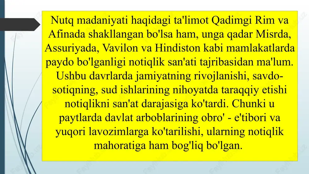 ylasuf platon akademiyasida tahsil oladi. 342-yilda podshoh filippning taklifi bilan makedoniyaga qaytib, aleksandrga murabbiylik qila boshlaydi. aleksandr makedonskiy hukmronlik taxtiga o‘tirgach, o‘z ustozi va do‘stiga atab haykal barpo ettiradi. bu haykalning poyida shunday yozuvlar bor edi: “aleksandr ushbu yodgorlikni nikomaxning o‘g‘li, buyuk donishmand va avliyo aristotel xotirasiga o‘rnatdi”. aristotel aleksandr taxtga chiqqach, yana afinaga qaytib bu yerda “litsey” nomi bilan shuhrat qozongan falsafa maktabini ochadi va katta kutubxona tashkil etadi. shu davrda yunonistonda chiroyli so‘zlashga qiziqish kuchayib ketgan, natijada qator notiqlik maktablari ochilgan edi. bu maktablarda so‘z san’ati ustalari - notiqlar yetishtirib chiqarilardi. keyinchalik maz- mundor va ta’sirchan so‘zlash haqida maxsus qo’llanmalar maydonga keladi. shunday asarlardan biri aristotelning “ritorika” nomli kitobidir. buyuk olim uni miloddan avvalgi 330 yillarda yozgan. aristotelning ushbu asarigacha ham anaksimen, lampsak kabi faylasuflar “ritorika” nomli qo‘llanmalar yaratgan edilar. aristotelning “ritorika”si notiqlik san’atining nazariy asoslarini yanada boyitdi. “ritorika” uch kitobdan tashkil topgan bo‘lib, asarining birinchi va ikkinchi …