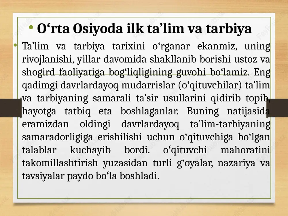 sifatida bizning davrimizgacha etib keldi. shu sababli mudarrislar savodli madrasa toliblari orasidan tanlangan va ma’lum muddat tayyorgarlikdan oʻtishgan. markaziy osiyoning xorazm zaminida shakllangan eng qadimiy va “oʻtmishdagi dinlarning eng kuchlilaridan boʻlgan ” (yu.a.rappoport) zardushtiylik dinining muqaddas kitobi “avesto”da bolalar ta’limtarbiyasiga oid qiziqarli ma’lumotlar berilgan. “avesto”da ta’kidlanadiki, bilim va tarbiya hayotning eng muhim tirgagi boʻlib hisoblanadi. har bir yoshni shunday tarbiyalash zarurki, u avvalo yozishni oʻrganish asosida bilim olishi kerak, soʻngra esa odob-axloqi bilan eng yuksak pogʻonaga koʻtarilsin. kohin muallimlari oqsoqollar kengashi tomonidan tanlanib, qat’iy belgilangan qoidalar asosida yoshlarga ta’lim va tarbiya berishgan. avestoda ilgari surilgan pedagogik gʻoyalar kohin muallimlari. marosimdan soʻng muallimlar bolalarga sovgʻalar ulashishgan. muallimlar mashgʻulotlar jarayonida bolalarga nisbatan jismoniy jazodan koʻra koʻproq oʻz diniga ishonch va e’tiqodni, dunyodagi barcha yaxshilik va ezguliklarning bunyodkori, ilohiy axuramazdaga sigʻinishni, odamlar boshiga yovuzlik va yomonliklarni yogʻdiruvchi axrimandan esa nafratlanish hissini tarbiyalar edilar. zardushtiylik dini ta’limotida ilgari surilgani umuminsoniy qadriyatlar majmuasi ezgulik va …