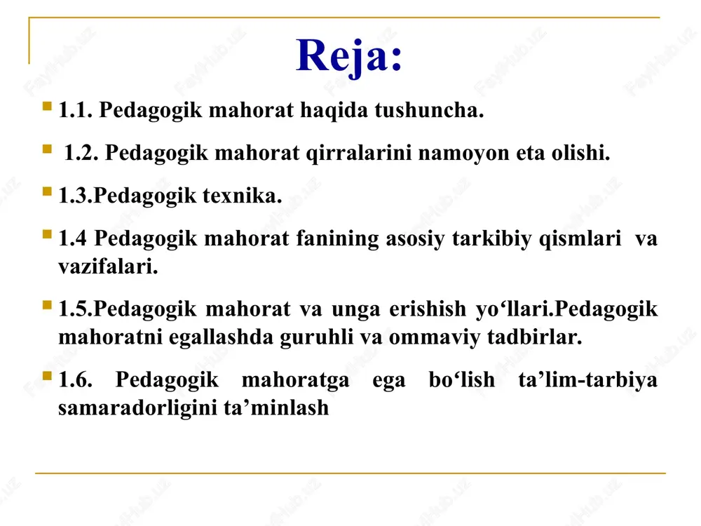 etadi: - insonparvarlik (gumanistik) yoʻnalishi; - kasb bilimdonligi; - pedagogik qobiliyatlar (didaktik, tashkilotchilik, perseptiv, sugestiv, akademik); - pedagogik texnika. 1. oʻqituvchi shaxsining insonparvarlik (gumanistik) yoʻnalishi - gʻoyalari, qiziqishi, qadriy yoʻnalishlari. har bir oʻqituvchi shaxsining pedagogik yoʻnalishi turlicha, koʻp qirrali. uning qadriy yoʻnalishini: oʻz-oʻzida bilimdon, talabchan, haqiqiy oʻqituvchini koʻrishga; pedagogik ta’sir etish vositalari; oʻquvchiga, bolalar jamoasiga; pedagogik faoliyat maqsadiga - faoliyat ob’ekti, vositalarini - oʻzgartirishga qaratilgan boʻlishi mumkin, ya’ni gumanistik strategiya. 2.kasbiy bilimdonlik. pedagogik mahoratning asosiy poydevori - kasbiy bilimlardir. oʻqituvchining bilimlari, bir tomondan, oʻzi oʻqitadigan predmetlarga qaratilgan boʻlsa, ikkinchi tomondan, ularni oʻzlashtiradigan oʻquvchilarga qaratilgan. kasbiy bilimlarning mazmuni oʻzi oʻqitadigan predmetni, uning metodikasini, pedagogika va psixologiyani bilishni tashkil etadi. pedagogning mahorati - bilimlarni "insoniylashtirish" dadir, ularni auditoriyaga oddiy kitobdangina emas, balki oʻzining dunyoqarashi sifatida bayon etadi. pedagogning kasbiy bilimlari asosida pedagogik ong shakllanadi, uning harakatlari asosida yotuvchi printsiplar va qoidalarga amal qilinadi. abu nasr forobiy birinchi bo’lib ta’lim va tarbiyaga ta’rif …