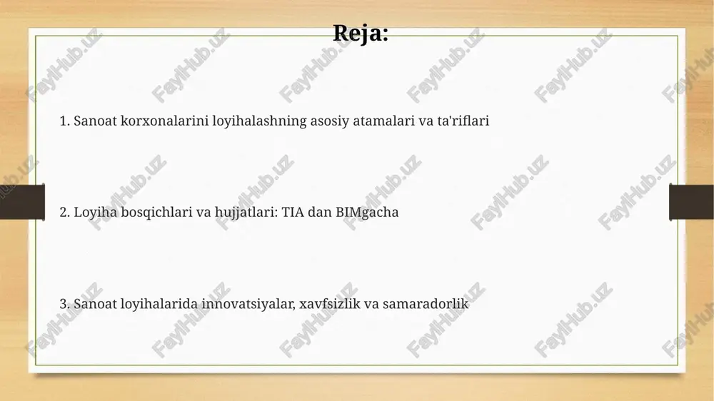 ari tarkibiga arxitektura-qurilish, texnologik, muhandislik kommunikatsiyalari loyihalari kirib, har biri qurilish normalari va qoidalari (qmq) bo'yicha ishlab chiqiladi. muhandislik kommunikatsiyalari va atrof-muhit muhofazasi muhandislik kommunikatsiyalari 110 kv kuchlanishli yuqori voltli liniyalardan tortib, suv ta'minoti tarmoqlarigacha, sanoat korxonasi uchun zarur bo'lgan barcha infratuzilmani qamrab oladi. atrof-muhit muhofazasining asosiy vazifasi - sanoat korxonasi chiqindilarining (gaz, suyuqlik, qattiq) me'yoriy ko'rsatkichlardan oshib ketmasligini ta'minlash va 0,1 mg/m3 dan kam bo'lishiga harakat qilishdir. atrof-muhit muhofazasini ta'minlashda, chiqindi gazlarni tozalash uskunalarini (masalan, siklonlar, filtrlash sistemalari) loyihalashda snip standartlariga qat'iy rioya qilish lozim. xavfsizlik texnikasi, energetika samaradorligi va avtomatlashtirish energetika samaradorligi 20 foizga oshishi uchun korxonalarda energiya auditini o'tkazish va energiya tejovchi texnologiyalarni (masalan, led yoritish) joriy etish orqali energiya sarfini kamaytirish zarur. xavfsizlik texnikasi korxonalarda 0.4 kv dan yuqori kuchlanishli elektr qurilmalari bilan ishlashda xodimlarni himoya qilish bo'yicha qoidalarni va 1-toifa xavfsizlik talablariga javob berishni ta'minlaydi. avtomatlashtirish jarayonlarni boshqarish tizimlarida (scada) 50 dan ortiq sensorlar yordamida …