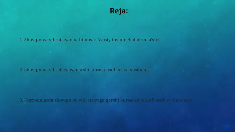 vqin darajasini 10-15 db ga kamaytirishi mumkin. tarqalish yo'lida shovqinni kamaytirish uchun tovushni yutuvchi panellarni ishlatish, masalan, akustik ko'pik yoki mineral junli panellarni o'rnatish, shovqin darajasini 5-20 db ga pasaytiradi. vibratsiyani kamaytirish usullari vibratsiya manbasida kamaytirish usullari mashinalarning dizaynini o'zgartirishni o'z ichiga oladi. misol uchun, muvozanatlash darajasini yaxshilash yoki amortizatsiya koeffitsientini oshirish orqali vibratsiyani 30% gacha kamaytirish mumkin. vibratsiyaning tarqalish yo'lida kamaytirish uchun izolyatsiya materiallari qo'llaniladi. elastik yostiqlar yoki damperlar 10 hz dan past chastotalarda vibratsiyani 60% gacha susaytirishi mumkin. qabul qiluvchida himoya qilish uchun individual himoya vositalari, masalan, vibratsiyaga qarshi qo'lqoplar ishlatiladi. ular qo'l-oyoq vibratsiya sindromi xavfini 45% gacha kamaytirishi mumkin. shaxsiy himoya vositalari va tashkiliy tadbirlar tashkiliy tadbirlarga ish vaqtini cheklash kiradi: xodimlar kuniga shovqinli hududda 4 soatdan ko'p bo'lmasligi kerak. ish beruvchi 80 db dan yuqori darajada eshitishni himoya qilish dasturini ishlab chiqishi shart. shaxsiy himoya vositalari orasida shovqinni pasaytiruvchi quloqchinlar (snr 20-35 db) mavjud bo'lib, ular …